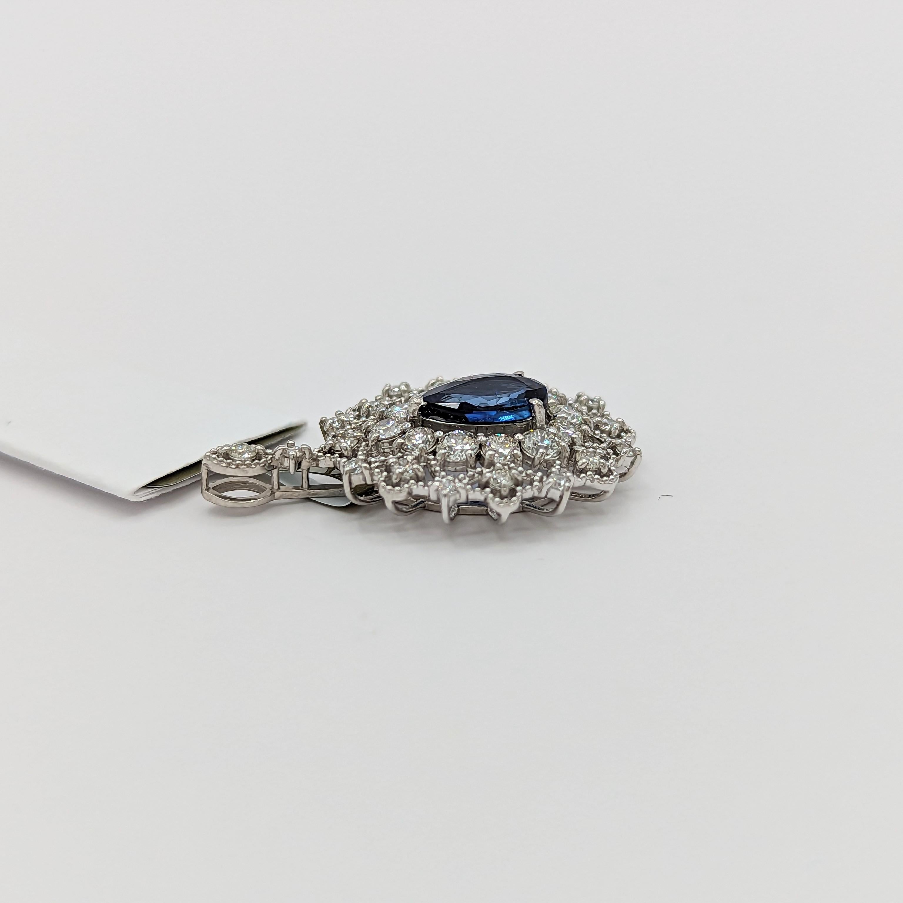 Blue Sapphire and White Diamond Pendant in Platinum For Sale 1