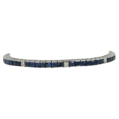 Blue Sapphire and White Diamond Princess Cut Bracelet in 18K White Gold