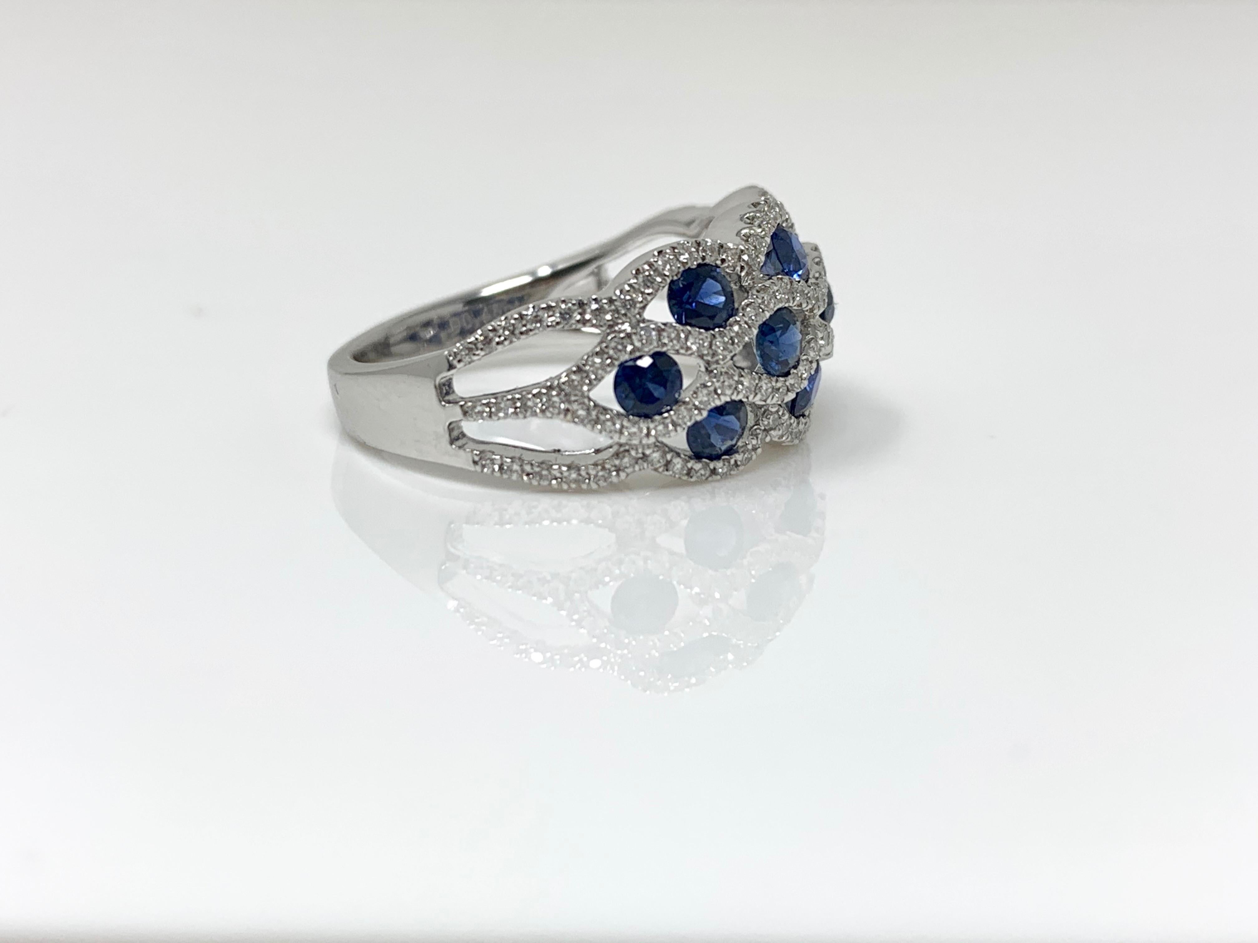 Contemporary Blue Sapphire and White Diamond Ring in 18 Karat White Gold