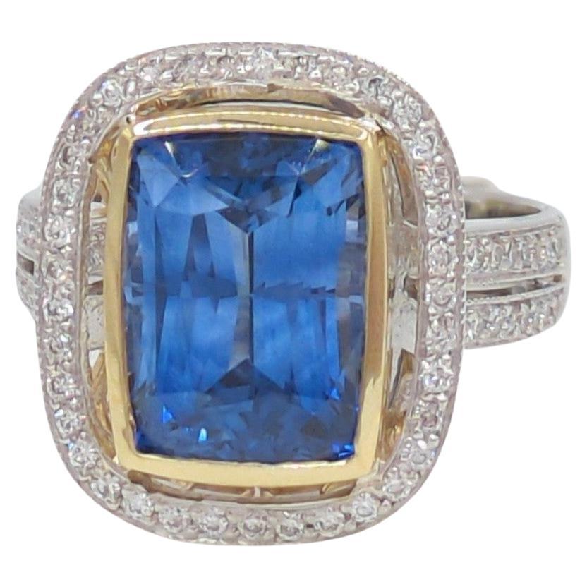 Blue Sapphire and White Diamond Ring in 18K Yellow Gold & Platinum For Sale