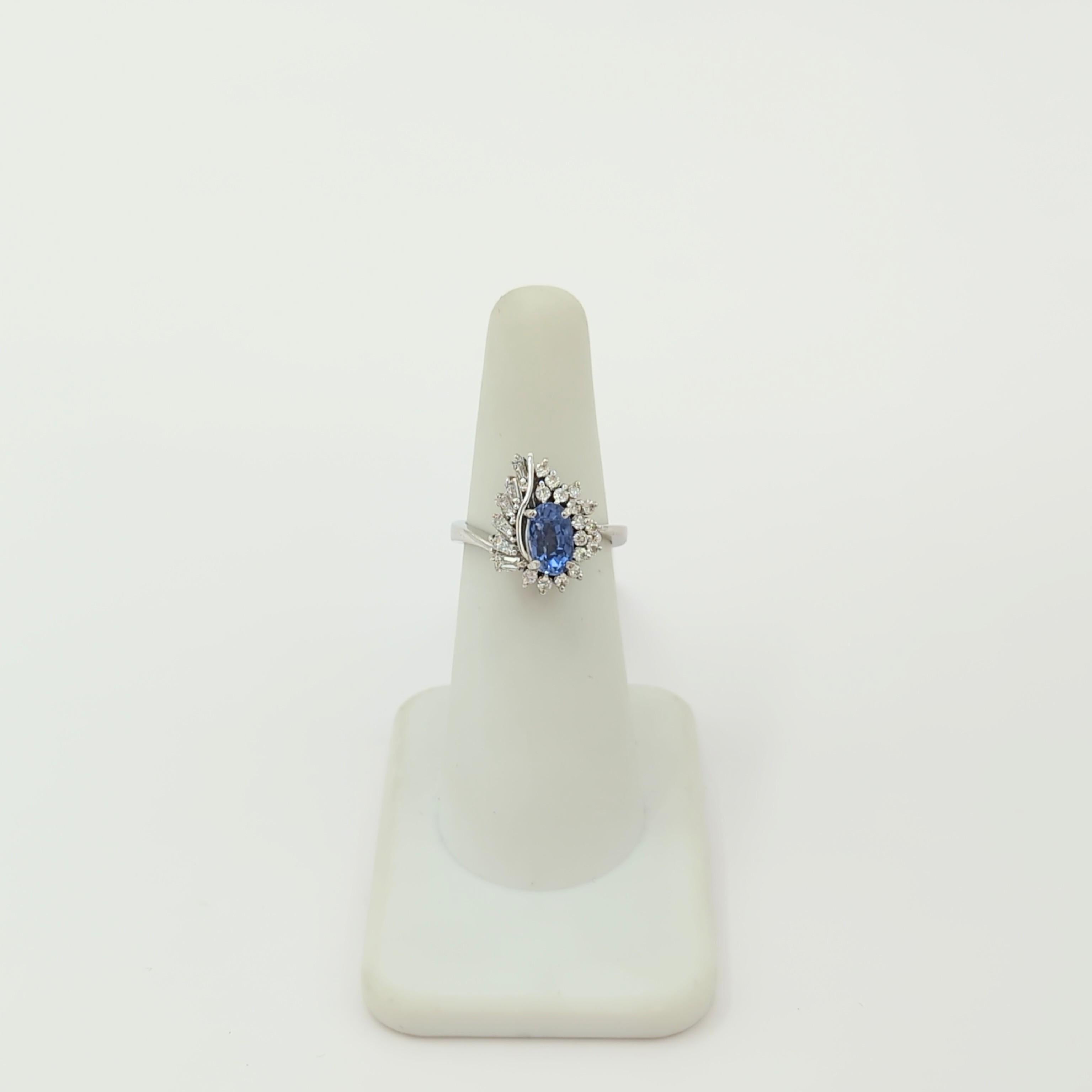 Baguette Cut Blue Sapphire and White Diamond Ring in Platinum For Sale