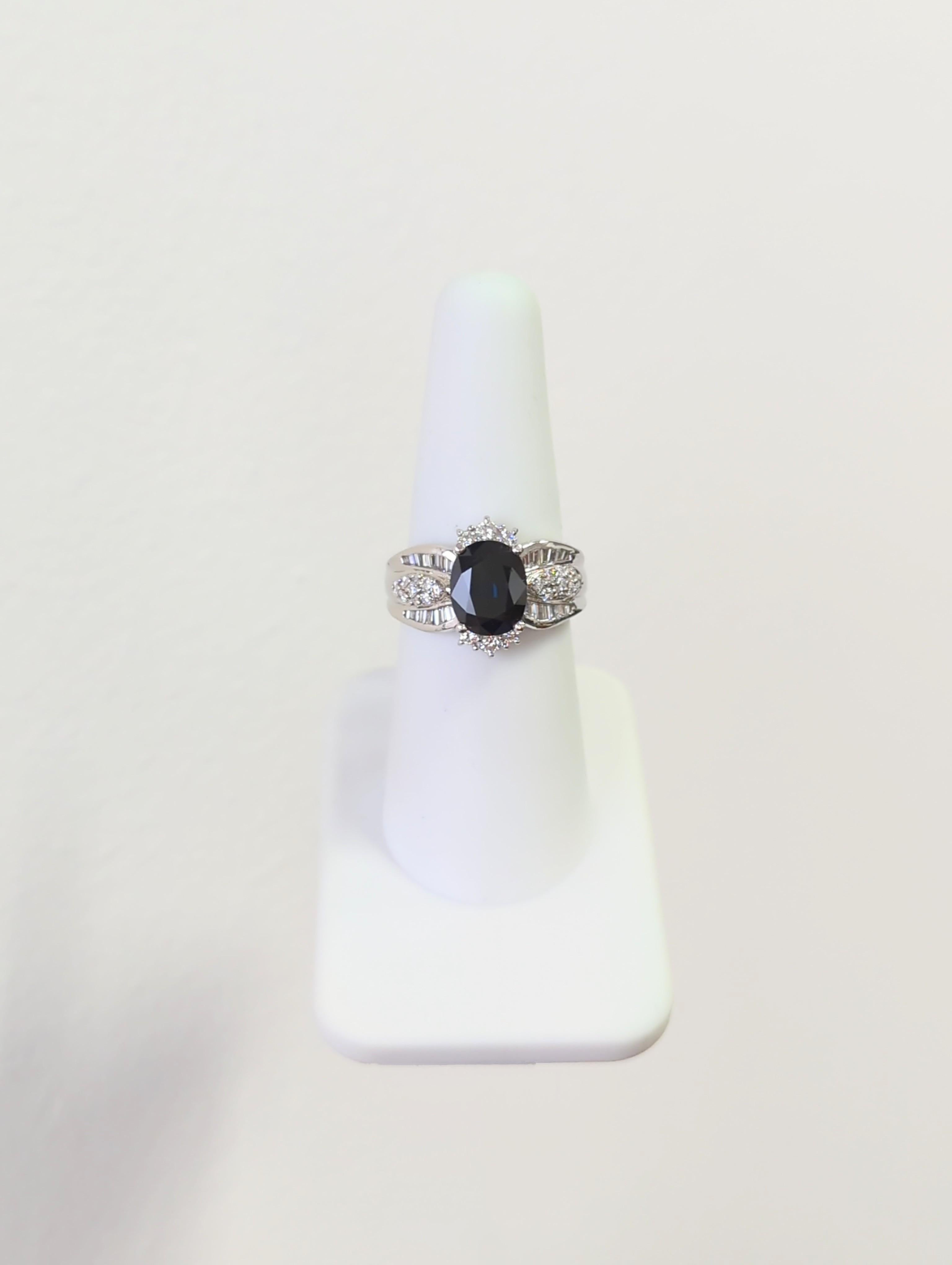 Women's or Men's Blue Sapphire and White Diamond Ring in Platinum For Sale