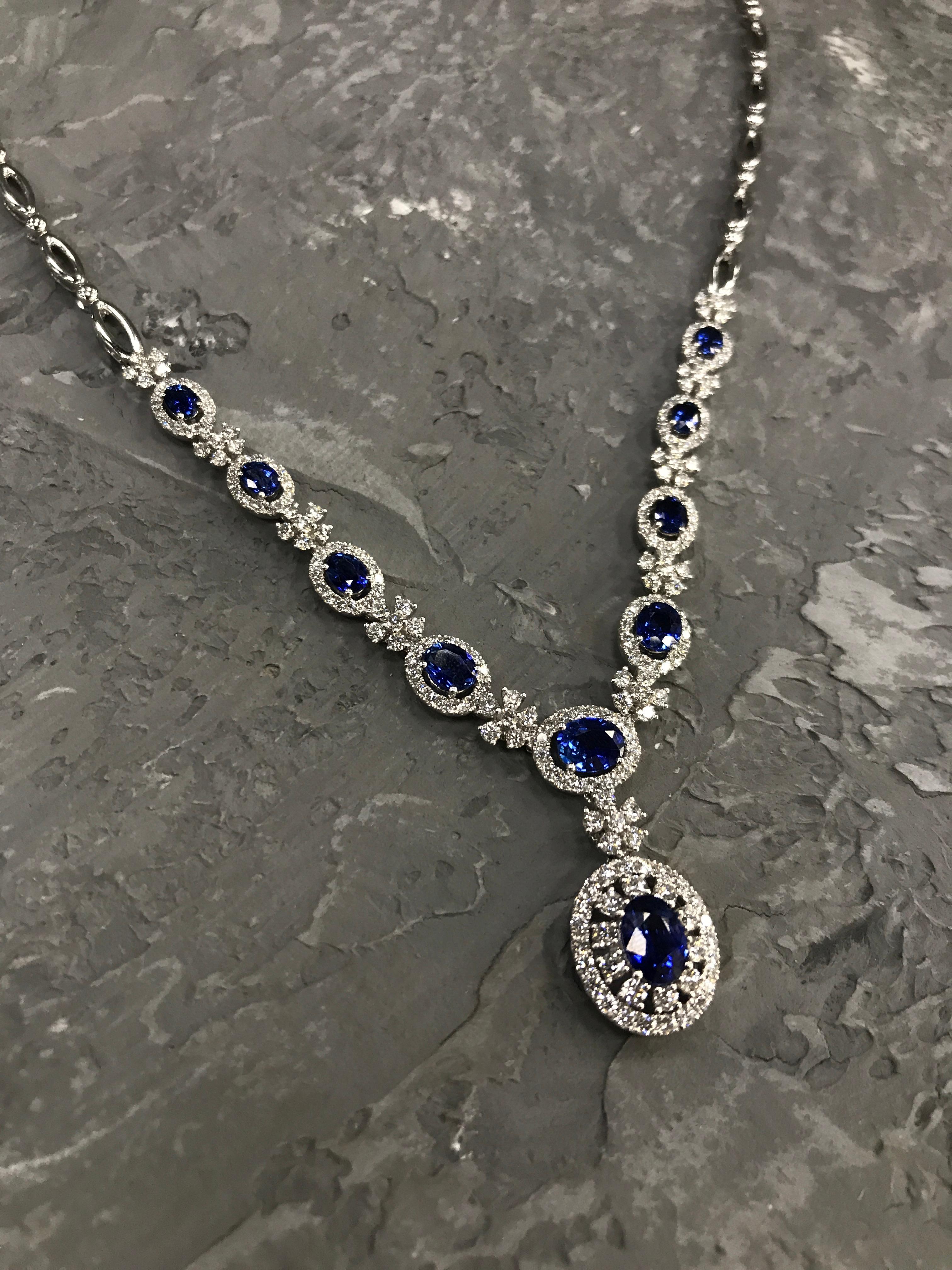 Necklace White Gold 14 K 
Weight 19,81 
Length 46 cm 
Necklace White Gold 14 K 
Diamond 10-Round-0,3ct-4/5A 
Diamond 104-Round-1,56ct-4/5A 
Blue Sapphire 112-Кр57-0,72-4/5A 
Blue Sapphire 2--Oval-1,68 Т(3)/2A