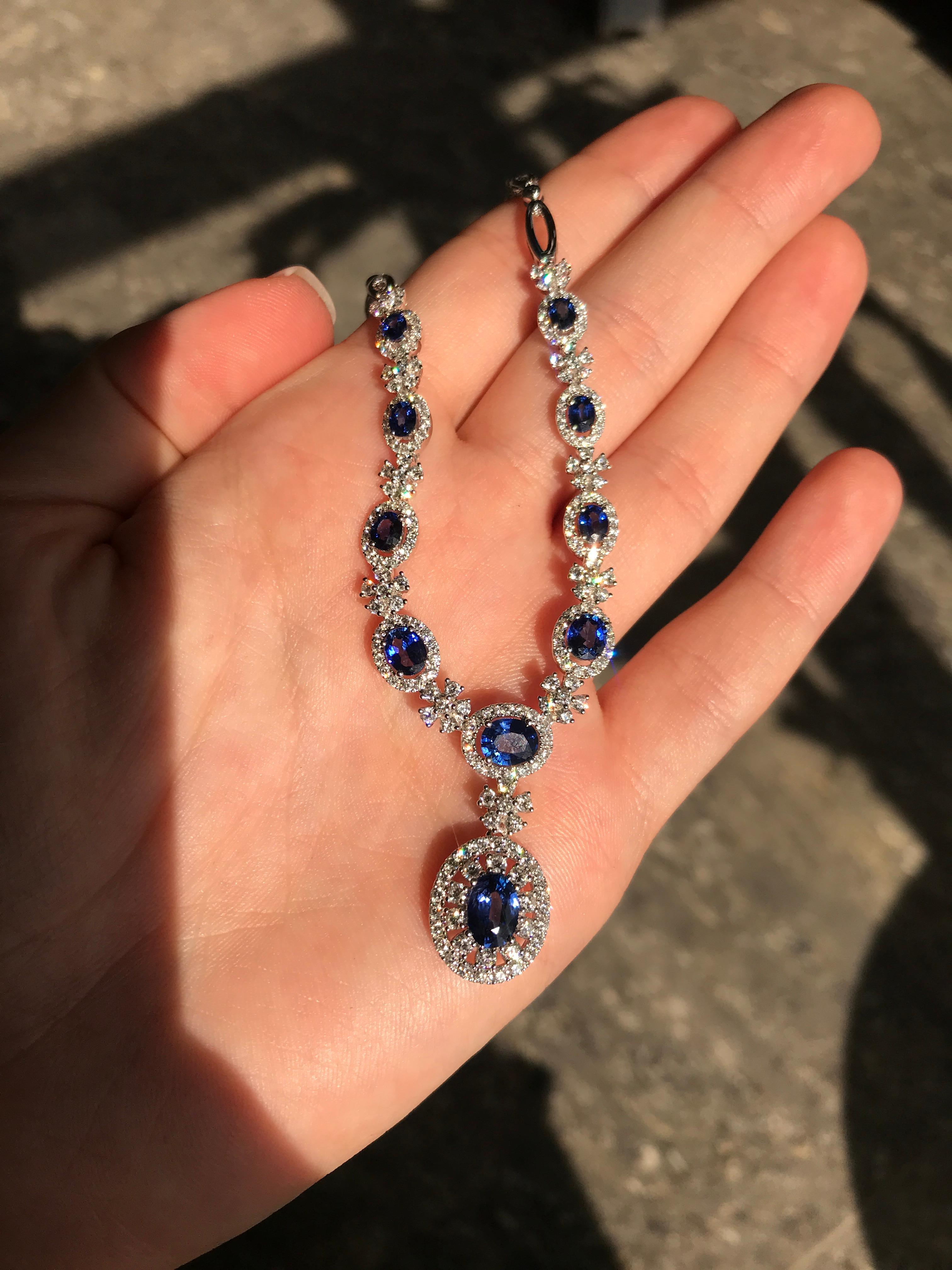 Oval Cut Blue Sapphire and White Diamond Royal Pendant Necklace, '70 % Deposit' For Sale