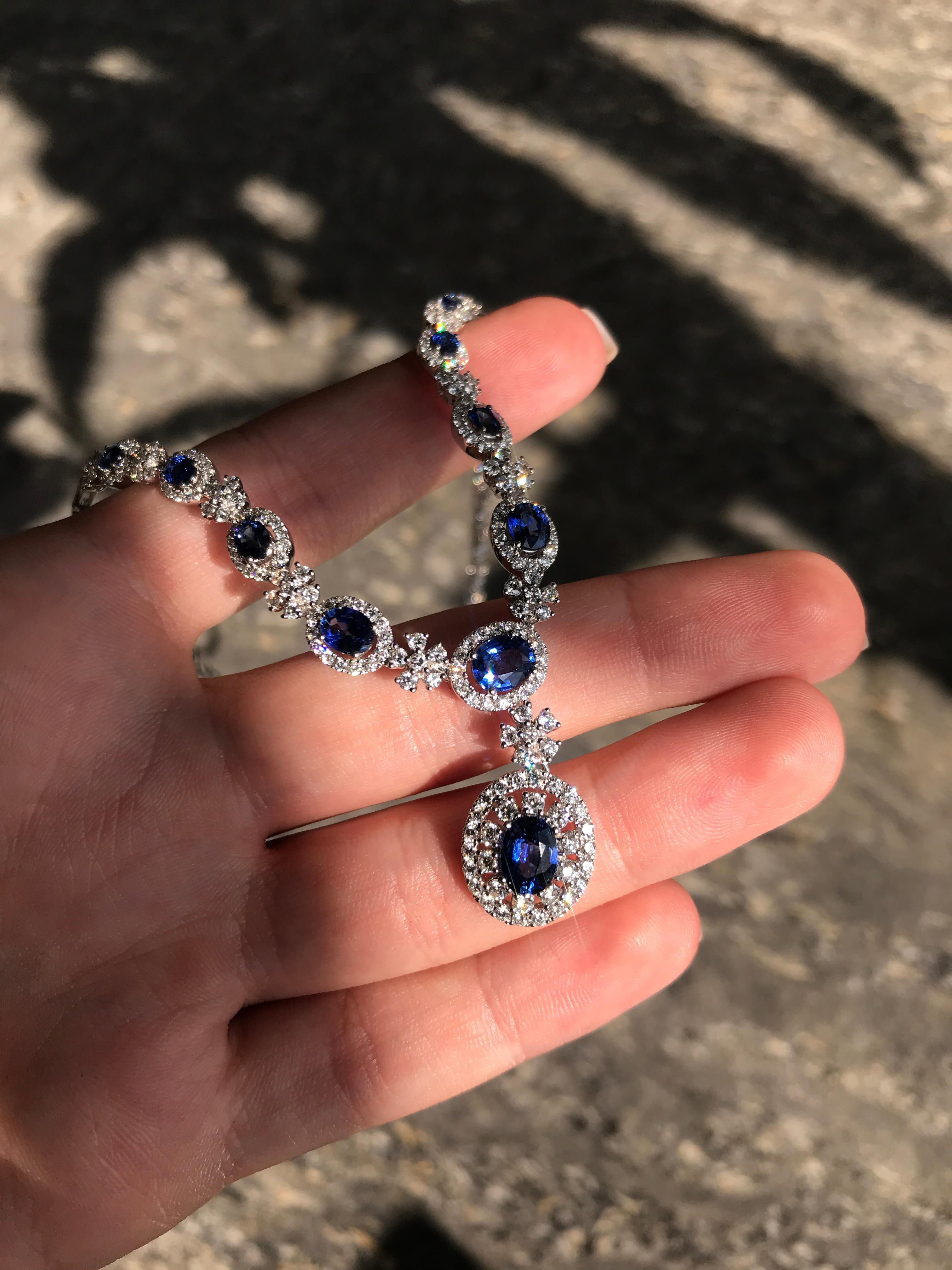 Blue Sapphire and White Diamond Royal Pendant Necklace, '70 % Deposit' In New Condition For Sale In Montreux, CH