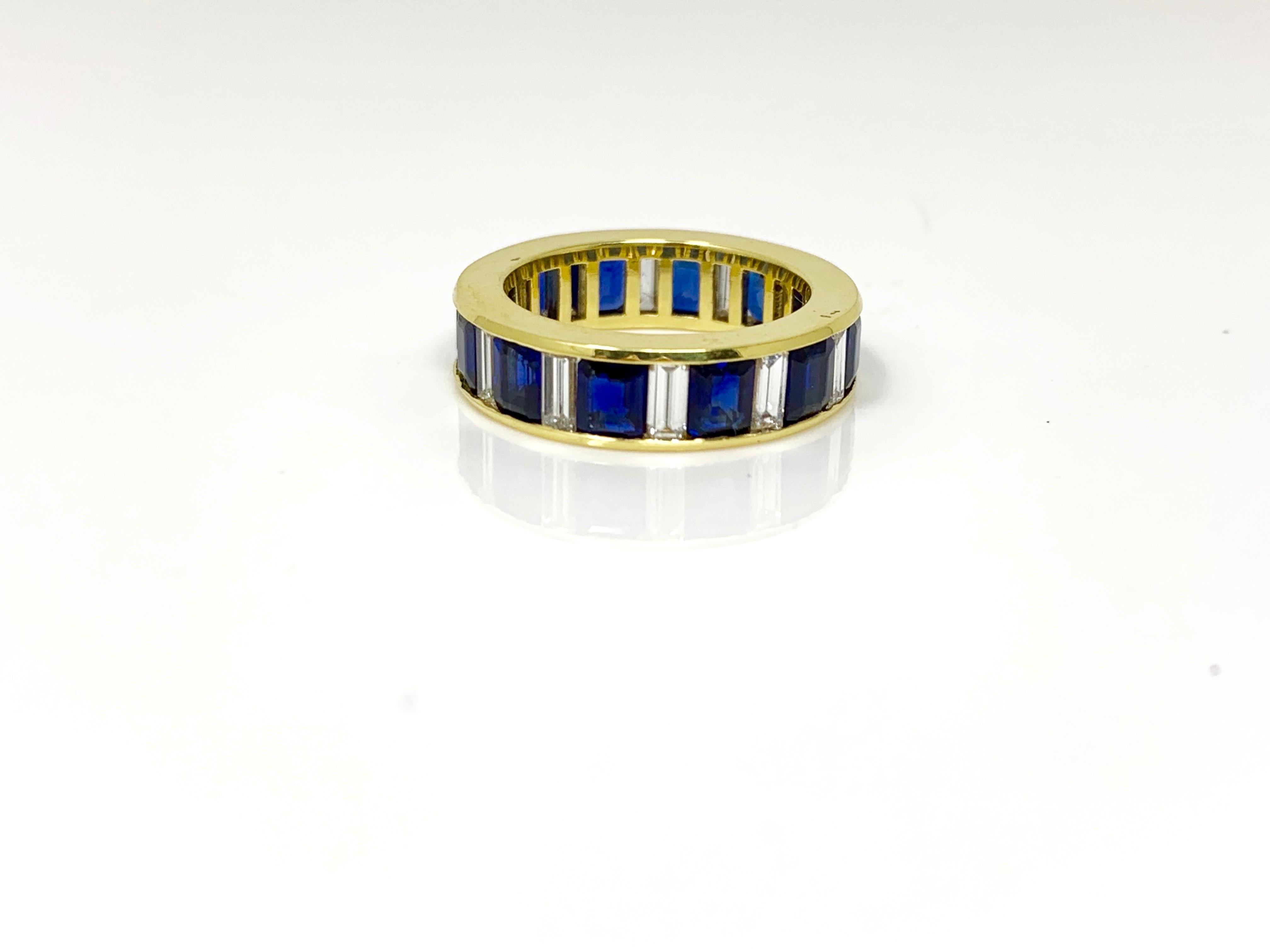 Contemporary Blue Sapphire and White Diamond Wedding Band in 18 Karat Yellow Gold