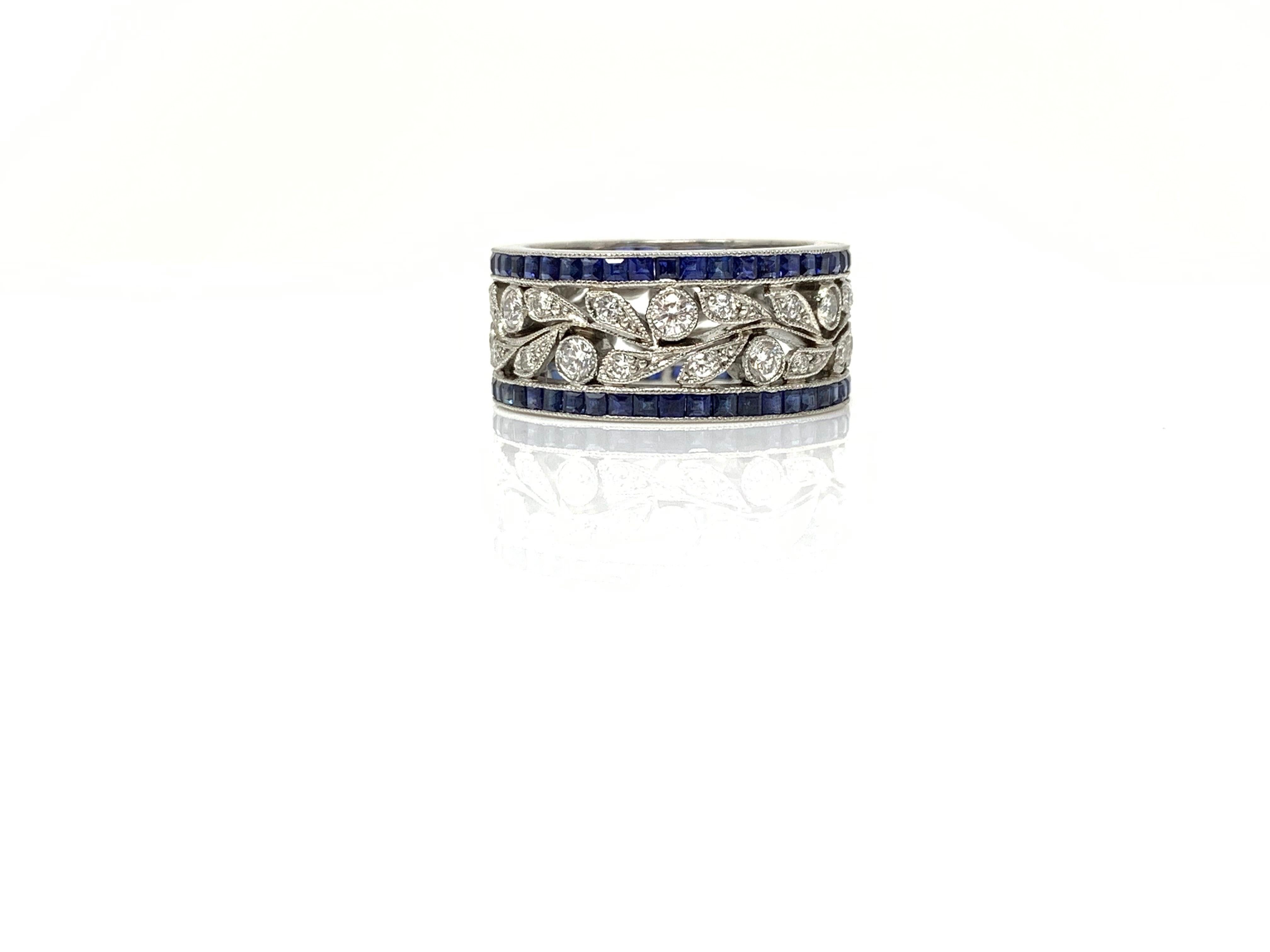 A truly gorgeous wedding band by Moguldiam Inc. This stunning wedding band is hand made in platinum and features blue sapphire and white round brilliant diamond. 
Blue sapphire carat weight : 1.50 carat 
White diamond weight : 0.85 carat ( GH color