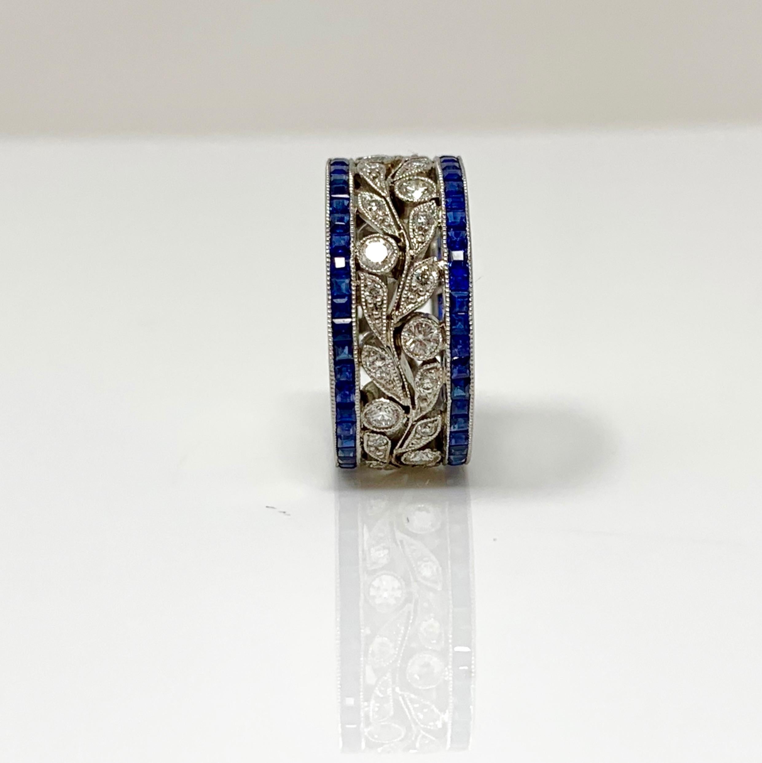 Contemporary Blue Sapphire and White Diamond Wedding Band in Platinum For Sale