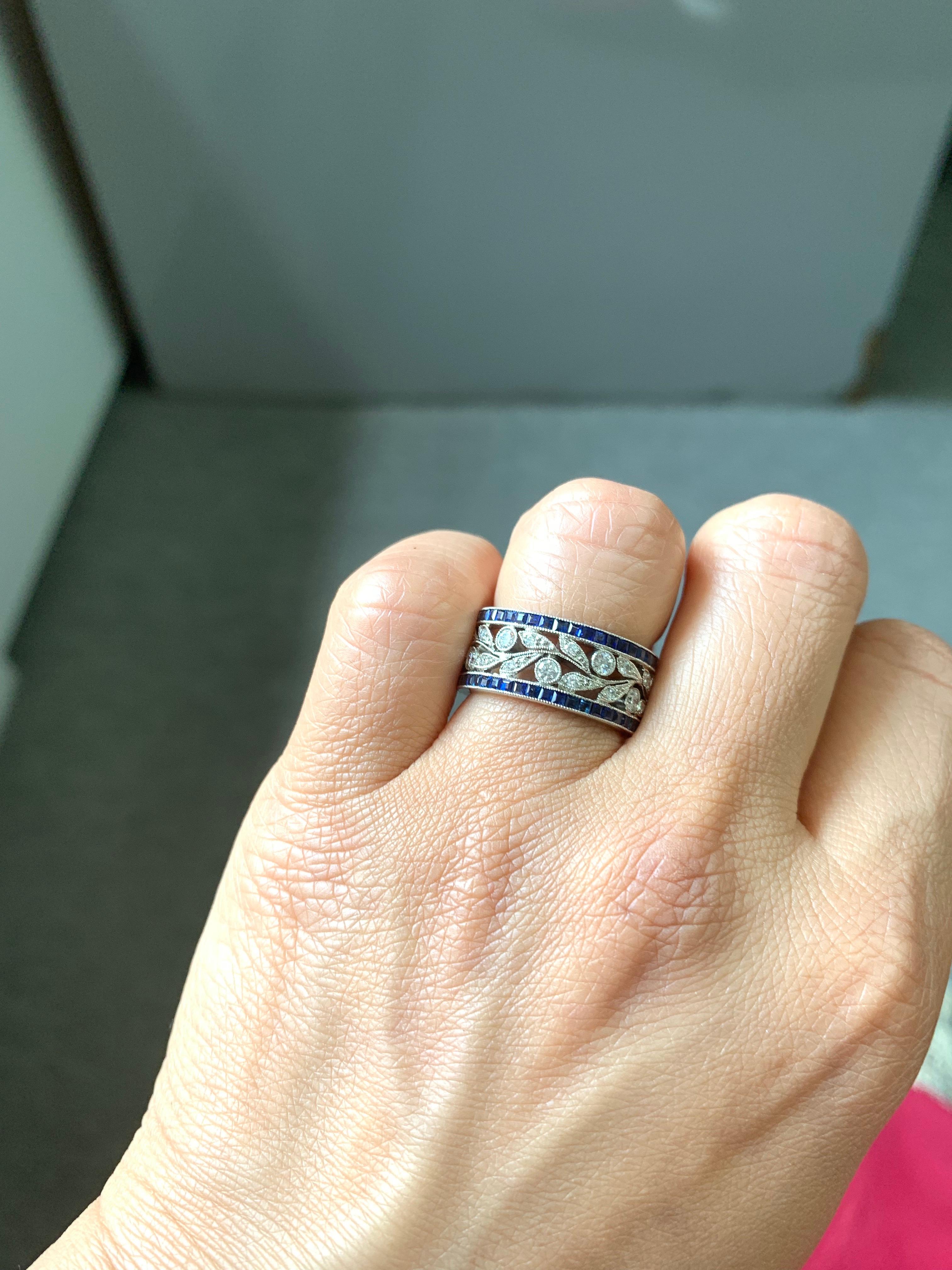 Women's Blue Sapphire and White Diamond Wedding Band in Platinum For Sale