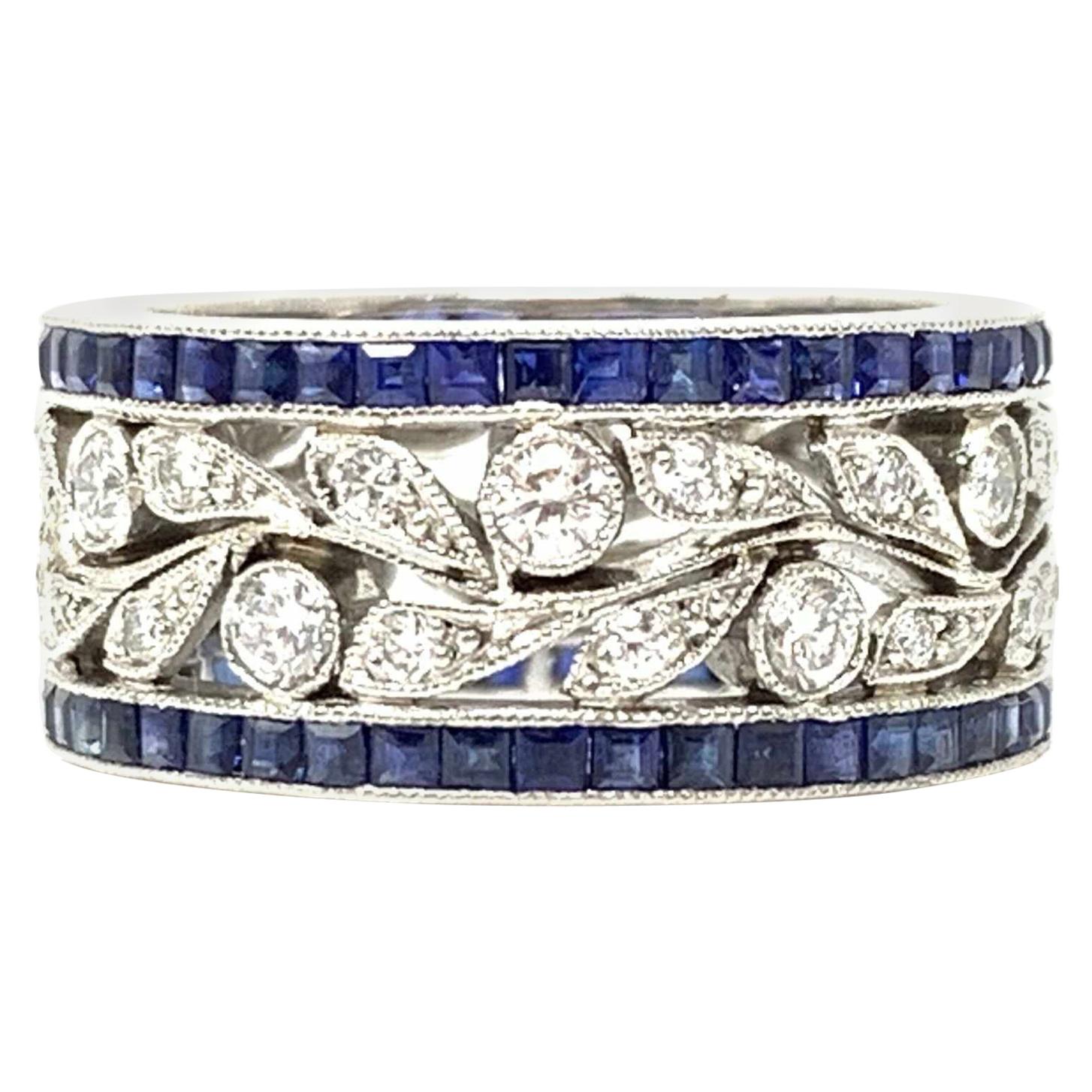Blue Sapphire and White Diamond Wedding Band in Platinum For Sale