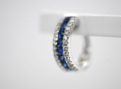 Blue Sapphire and White Diamonds White Gold Hoop Earrings