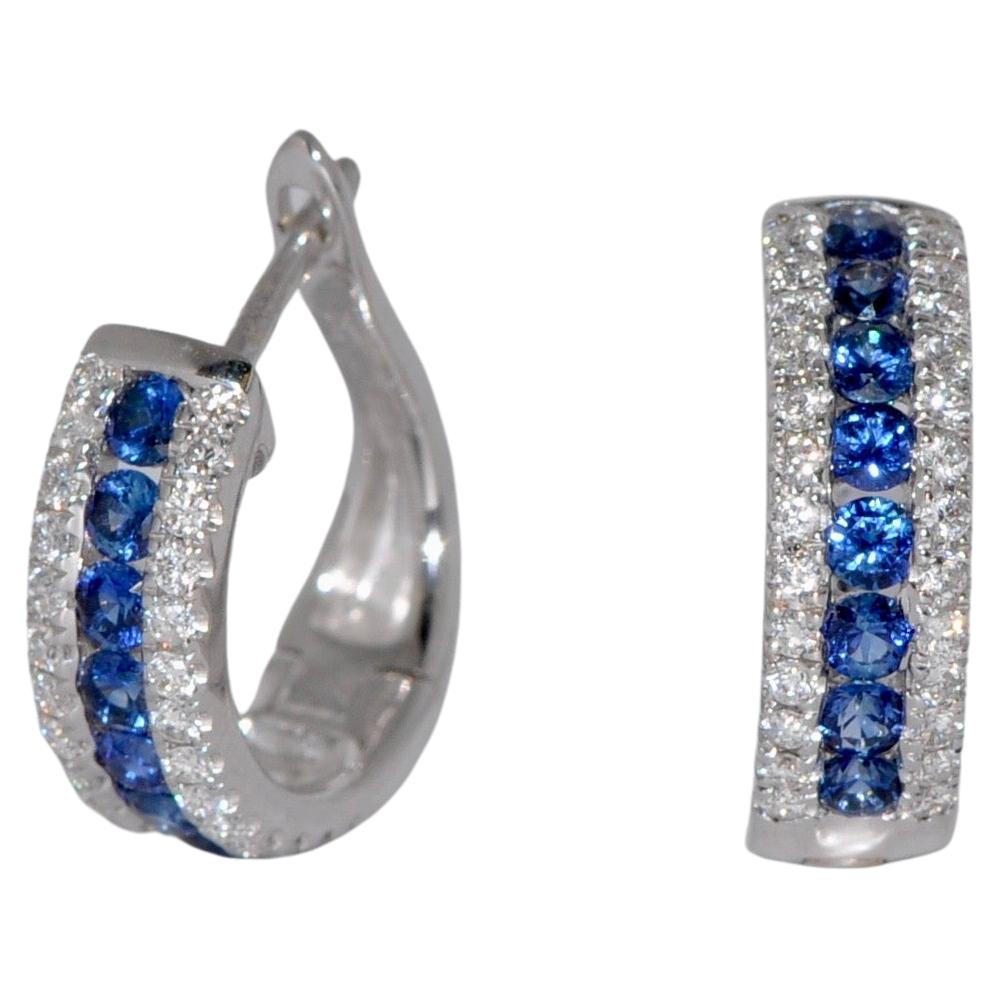 Blue Sapphire and White Diamonds White Gold Hoop Earrings