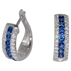 Blue Sapphire and White Diamonds White Gold Hoop Earrings