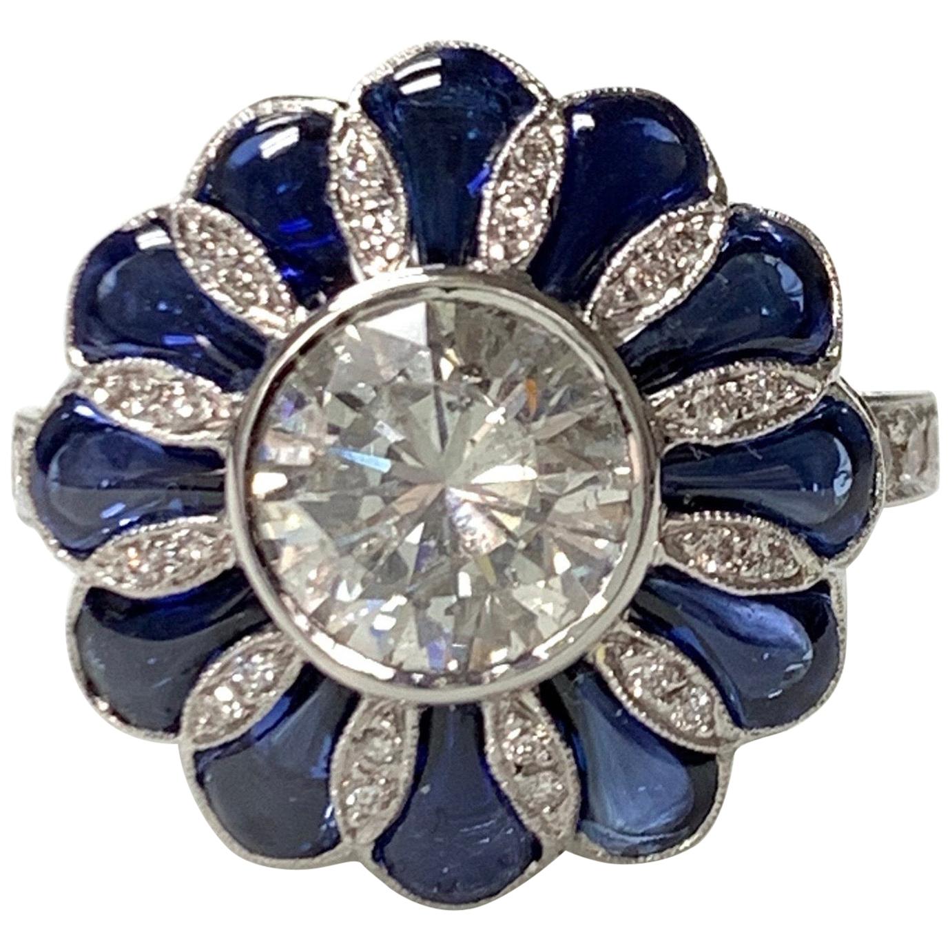 Blue Sapphire and White Old European Cut Diamond Ring in 18 Karat Gold