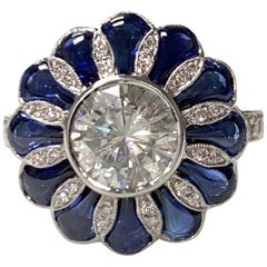 Blue Sapphire and White Old European Cut Diamond Ring in 18 Karat Gold