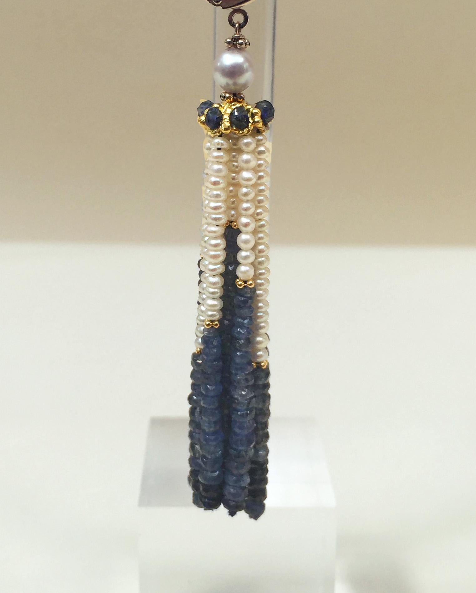 Artist Marina J Blue Sapphire and Pearl Tassel Earrings with 14 K Yellow Gold 