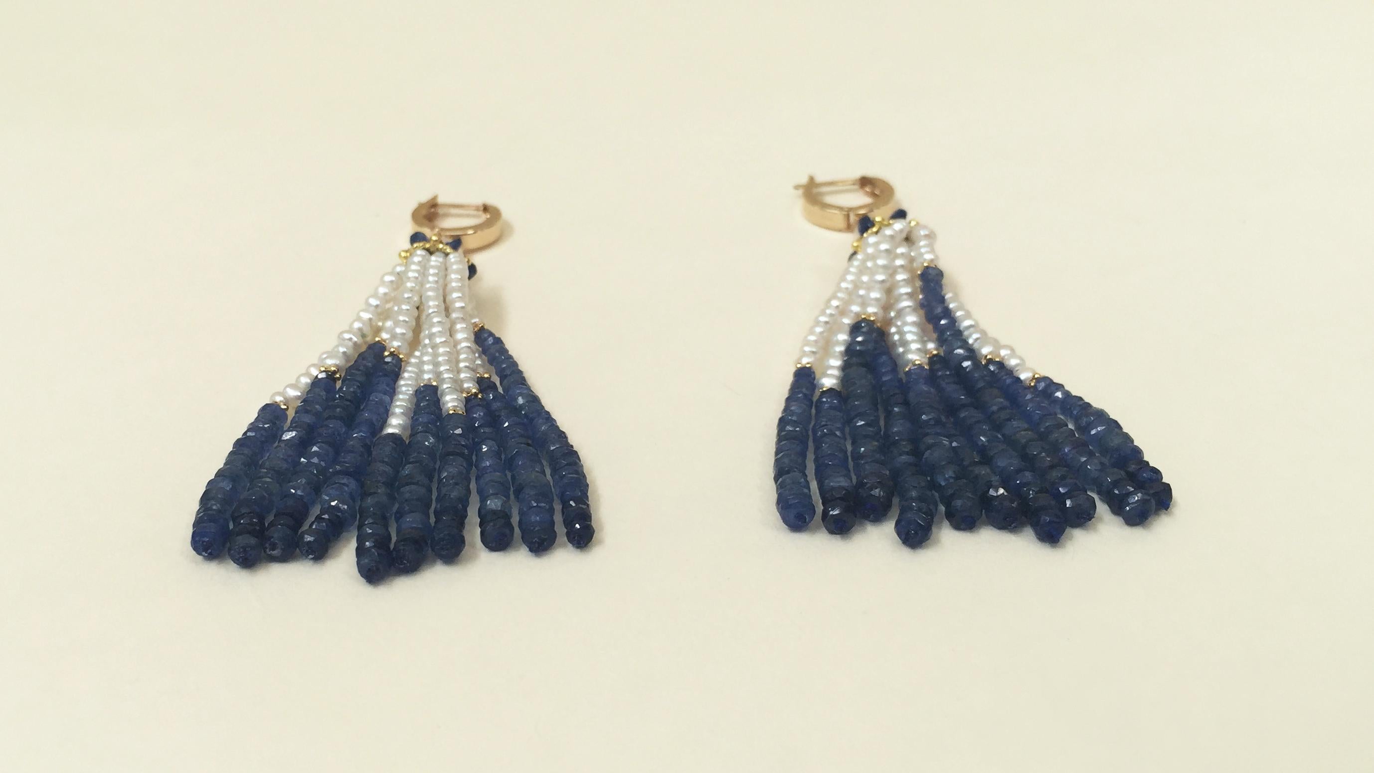 Bead Marina J Blue Sapphire and Pearl Tassel Earrings with 14 K Yellow Gold 