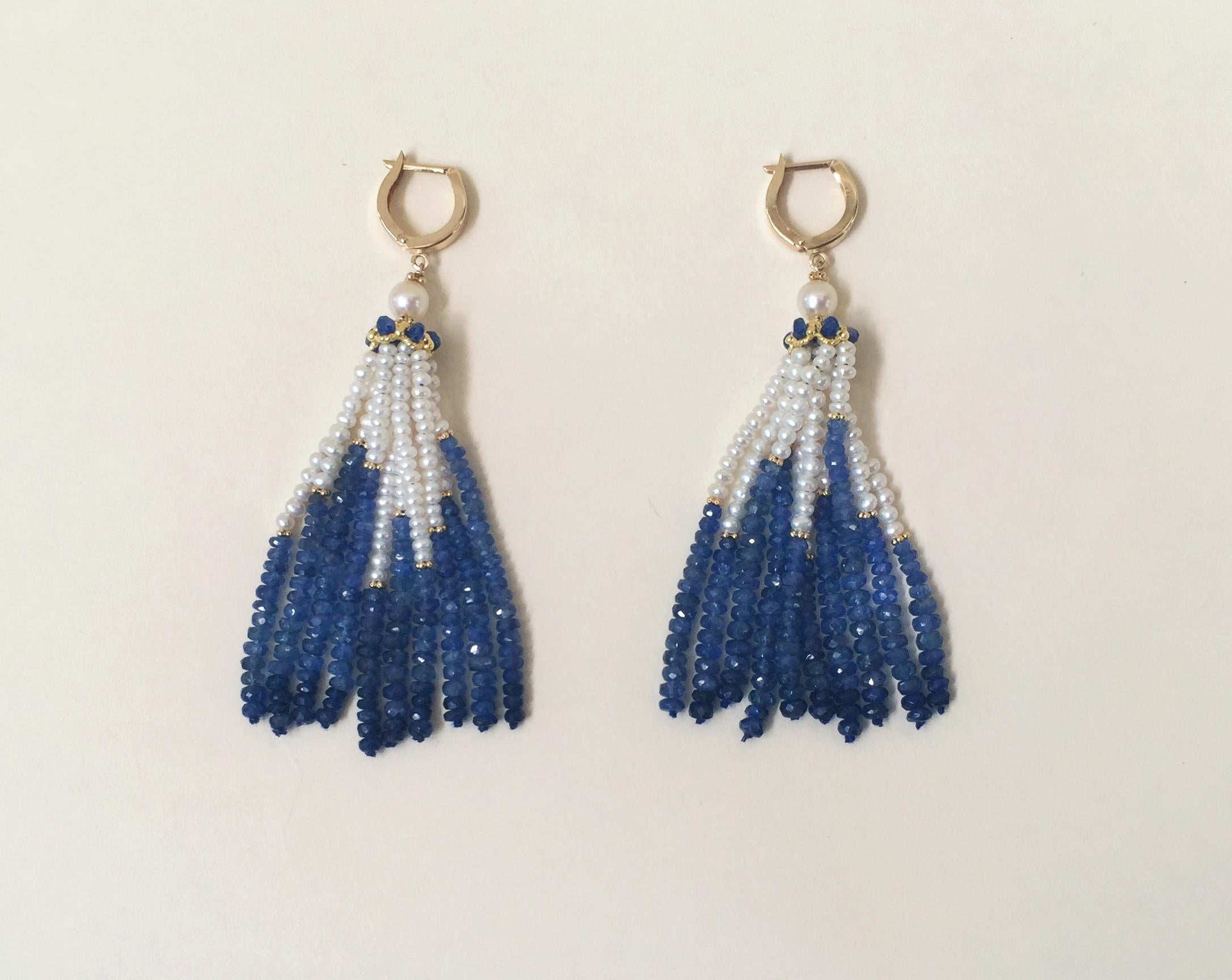 Marina J Blue Sapphire and Pearl Tassel Earrings with 14 K Yellow Gold  In New Condition In Los Angeles, CA
