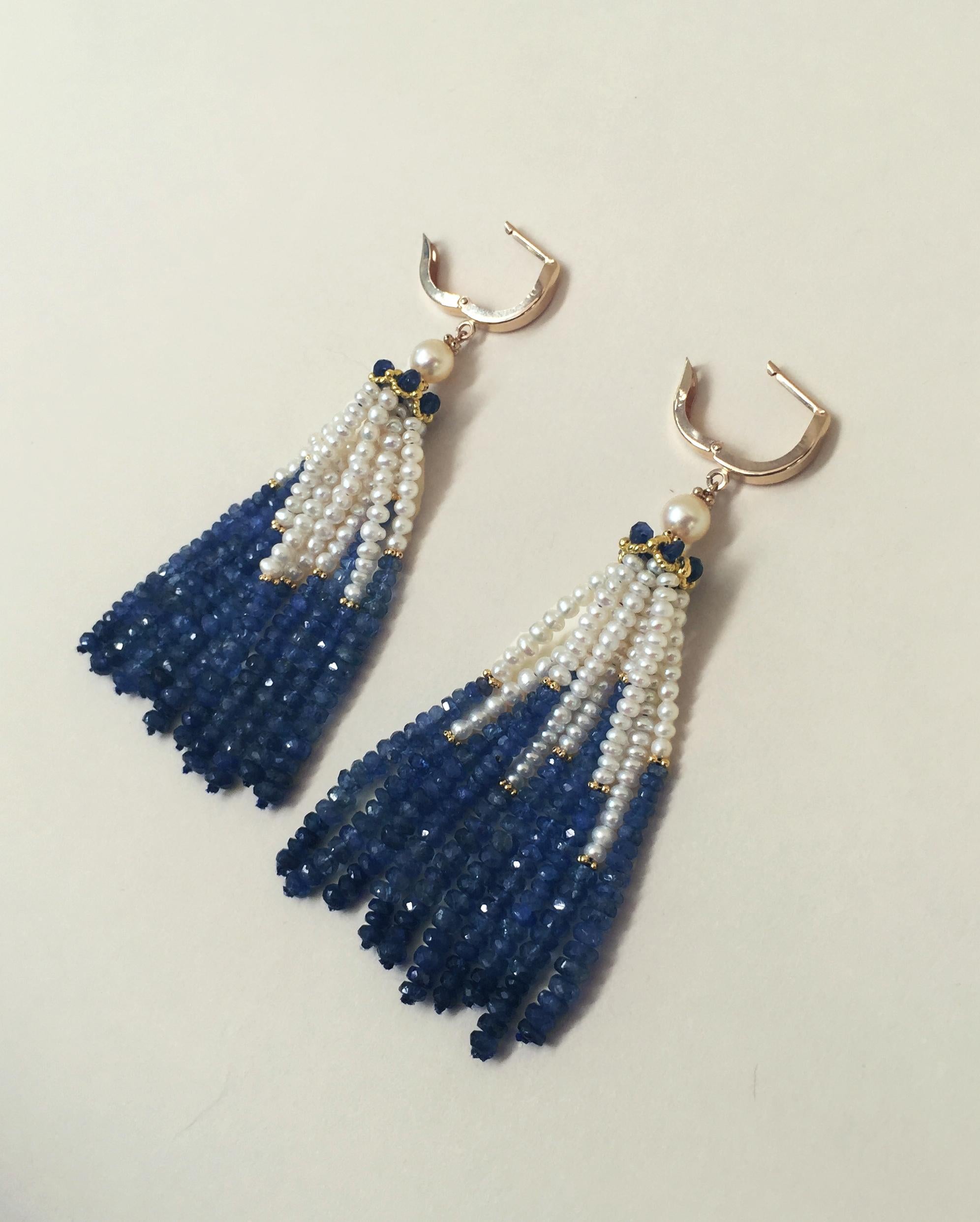 Women's Marina J Blue Sapphire and Pearl Tassel Earrings with 14 K Yellow Gold 