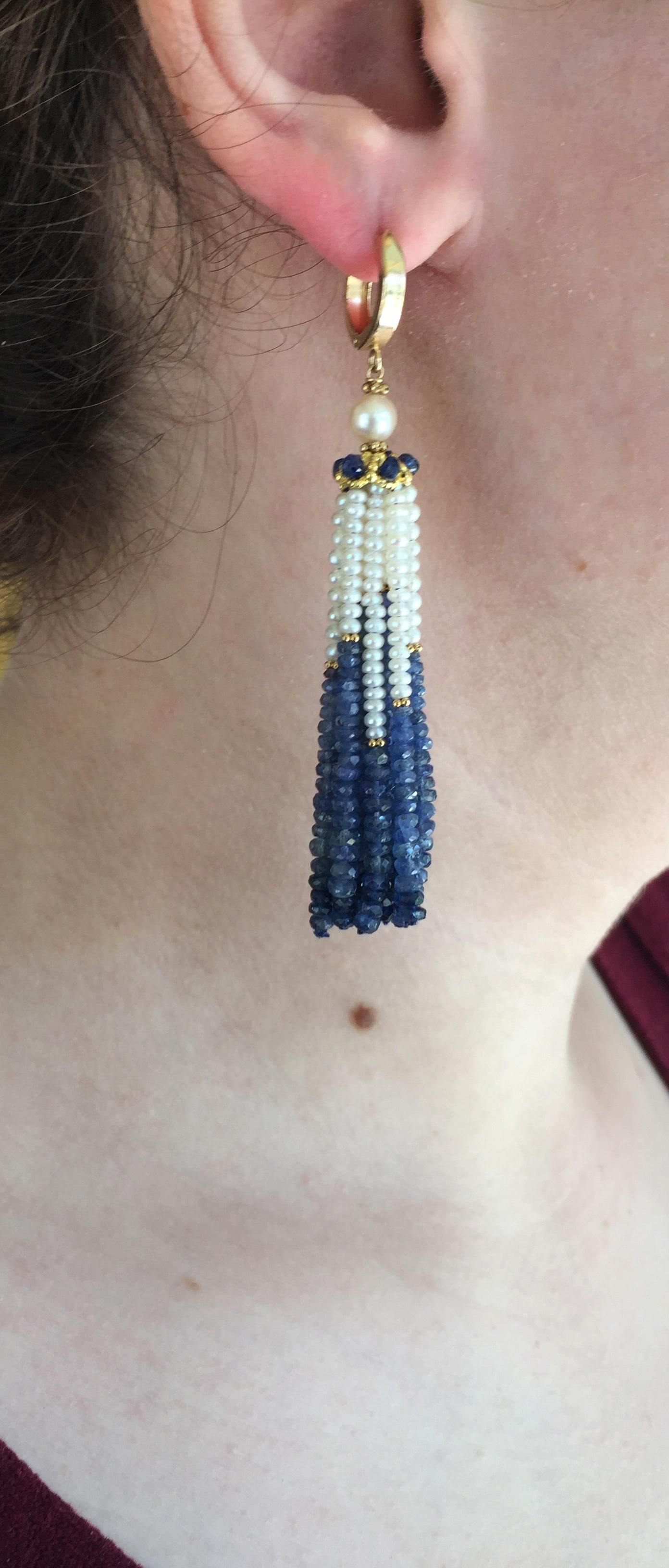 Marina J Blue Sapphire and Pearl Tassel Earrings with 14 K Yellow Gold  1