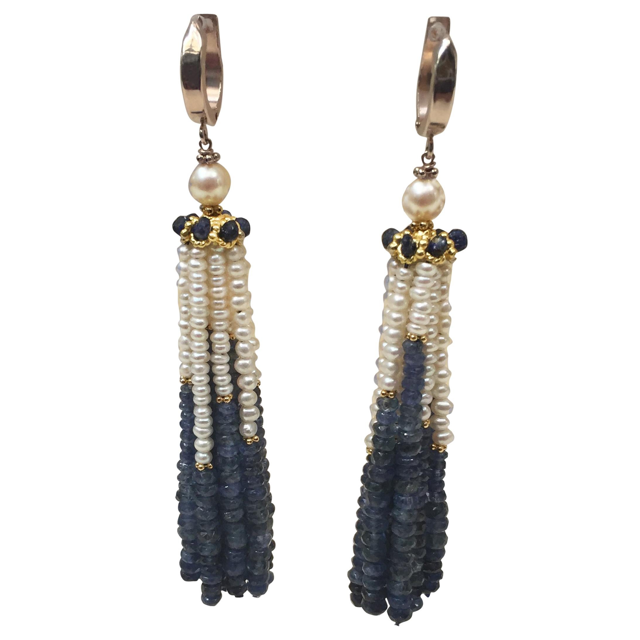 Marina J Blue Sapphire and Pearl Tassel Earrings with 14 K Yellow Gold 