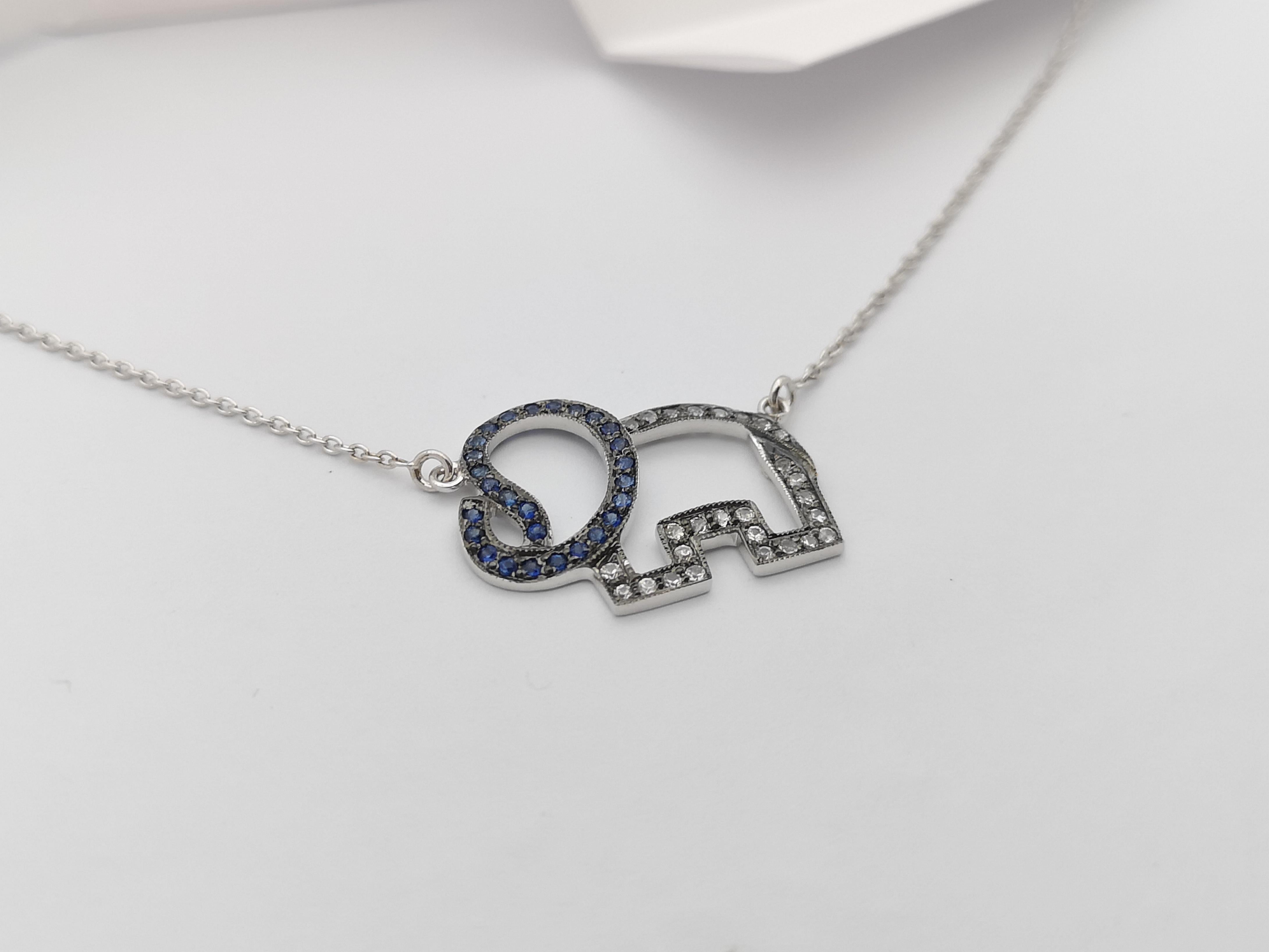 Contemporary Blue Sapphire and White Sapphire Elephant Necklace set in Silver Settings For Sale