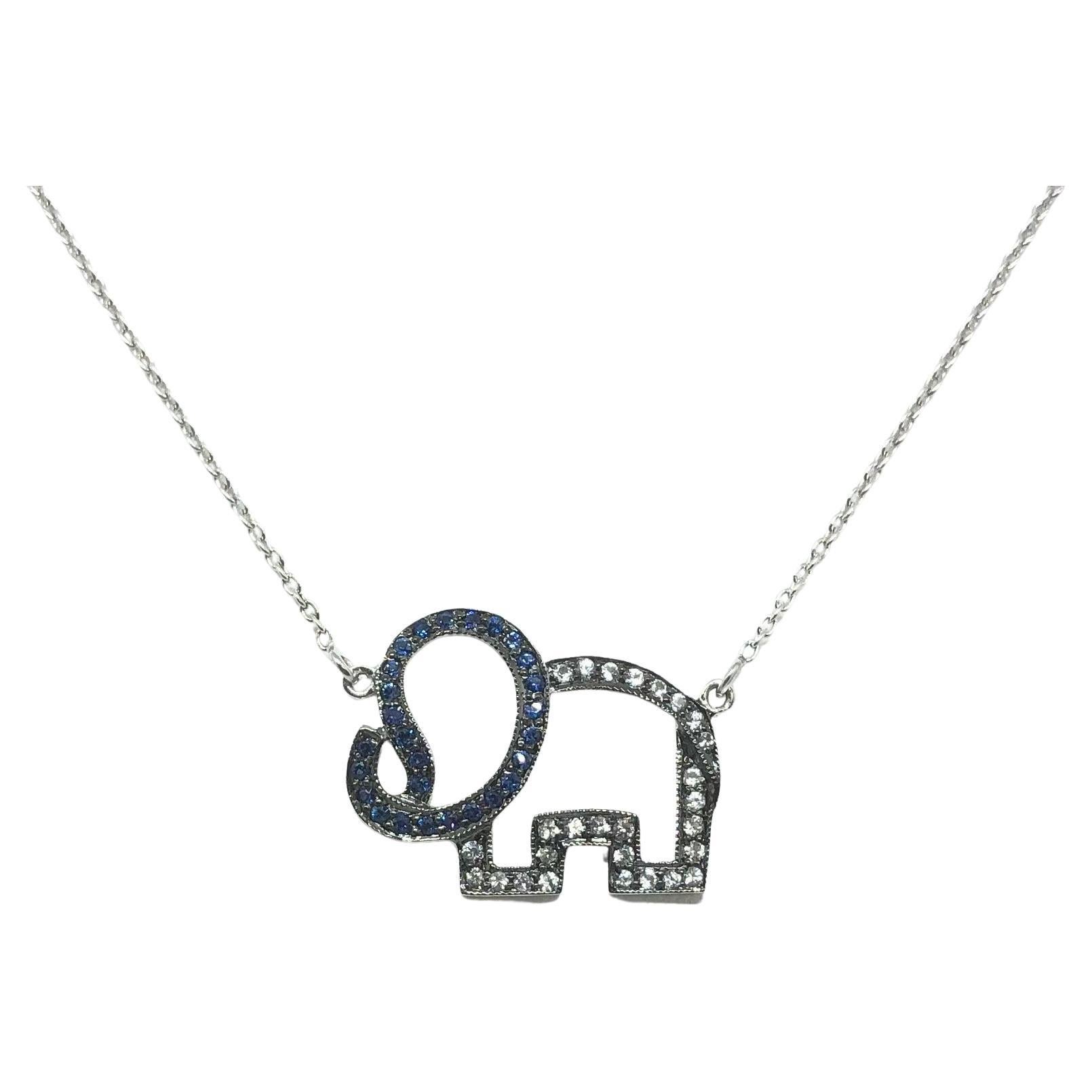 Blue Sapphire and White Sapphire Elephant Necklace set in Silver Settings For Sale