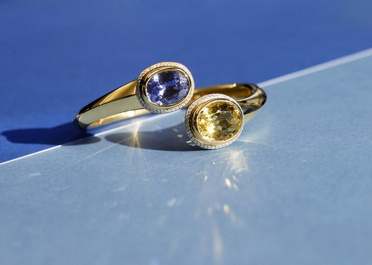 da uomo o donna Bracciale in oro giallo 18 carati con zaffiri blu e berillo giallo in vendita