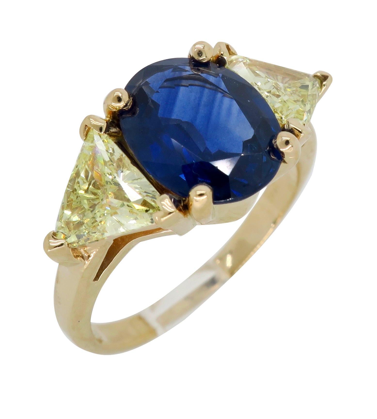 Blue Sapphire and Yellow Diamond Three-Stone Ring 3