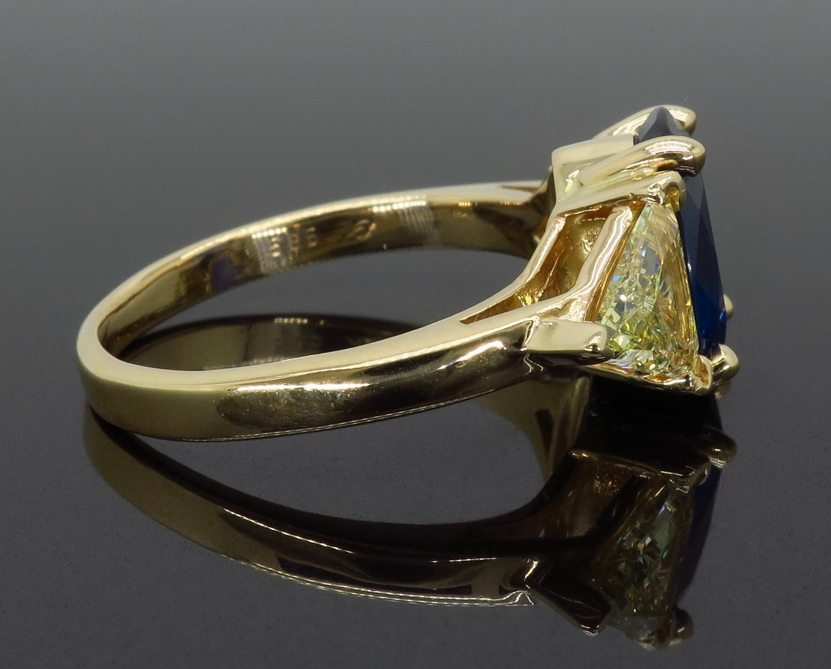 Blue Sapphire and Yellow Diamond Three-Stone Ring In Excellent Condition In Webster, NY