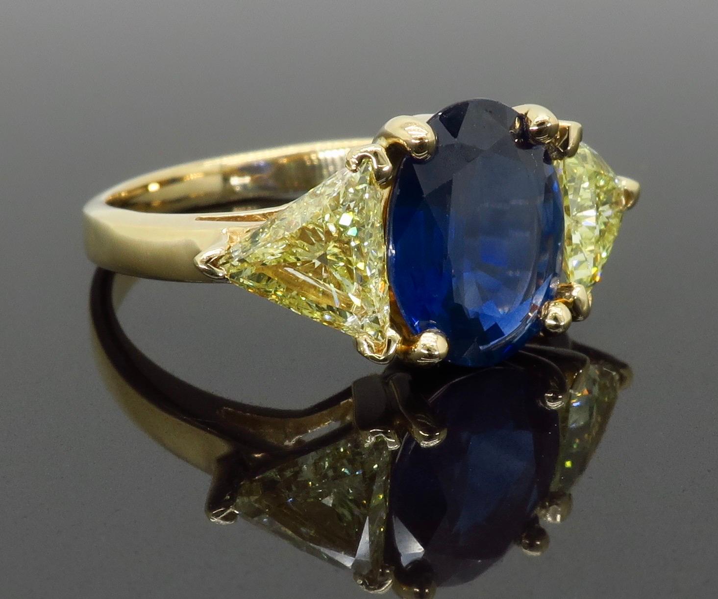 Women's or Men's Blue Sapphire and Yellow Diamond Three-Stone Ring