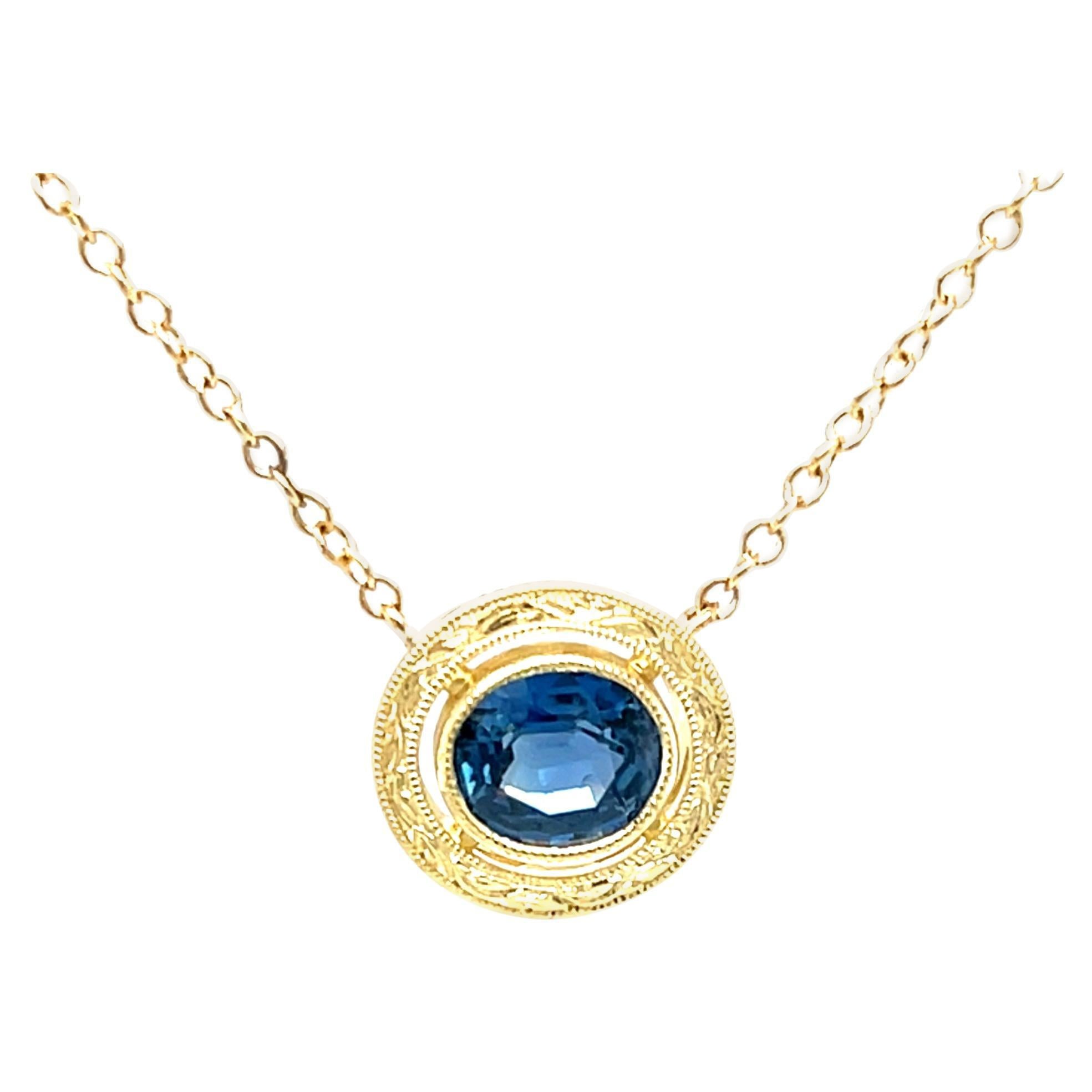 Blue Sapphire and Yellow Gold Bezel Engraved Pendant Chain Necklace