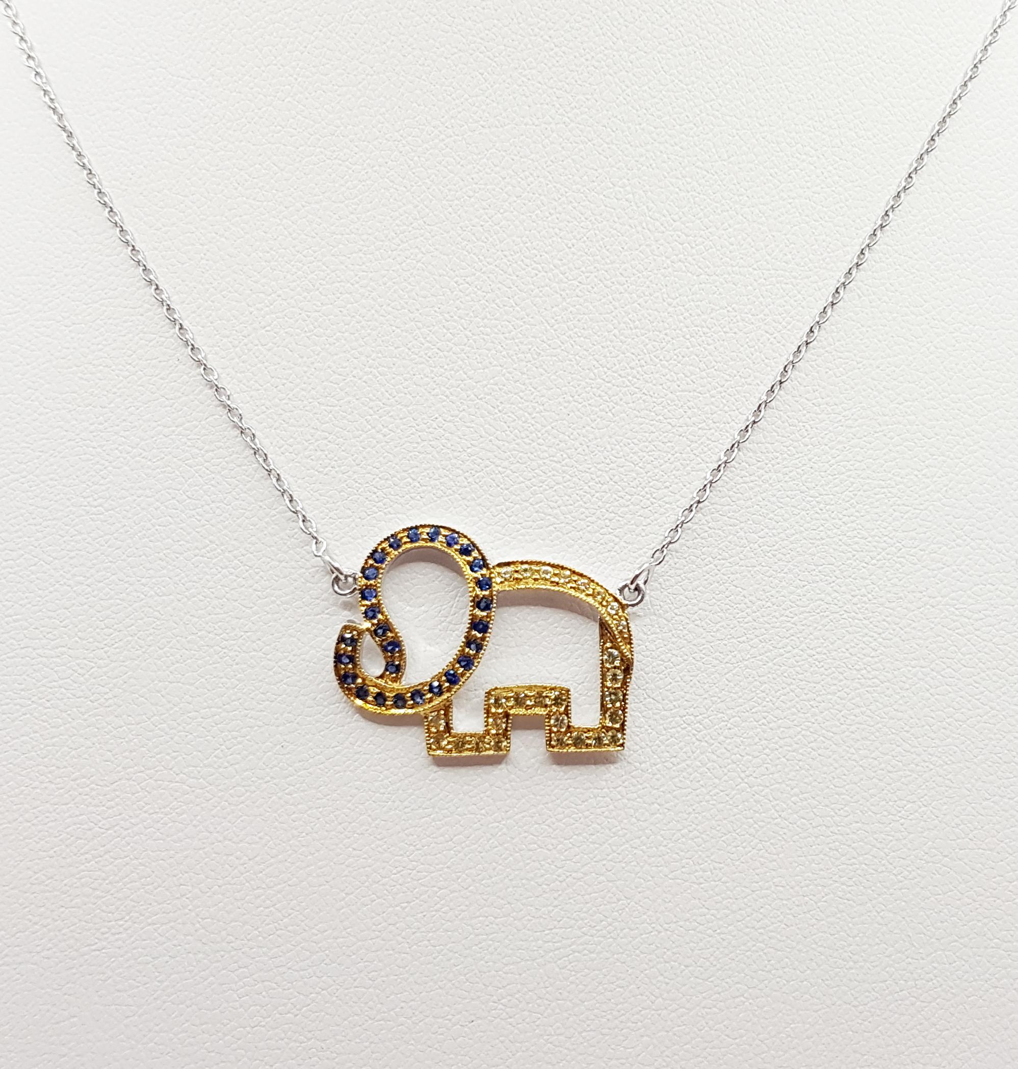 Contemporary Blue Sapphire and Yellow Sapphire Elephant Necklace set in Silver Settings For Sale