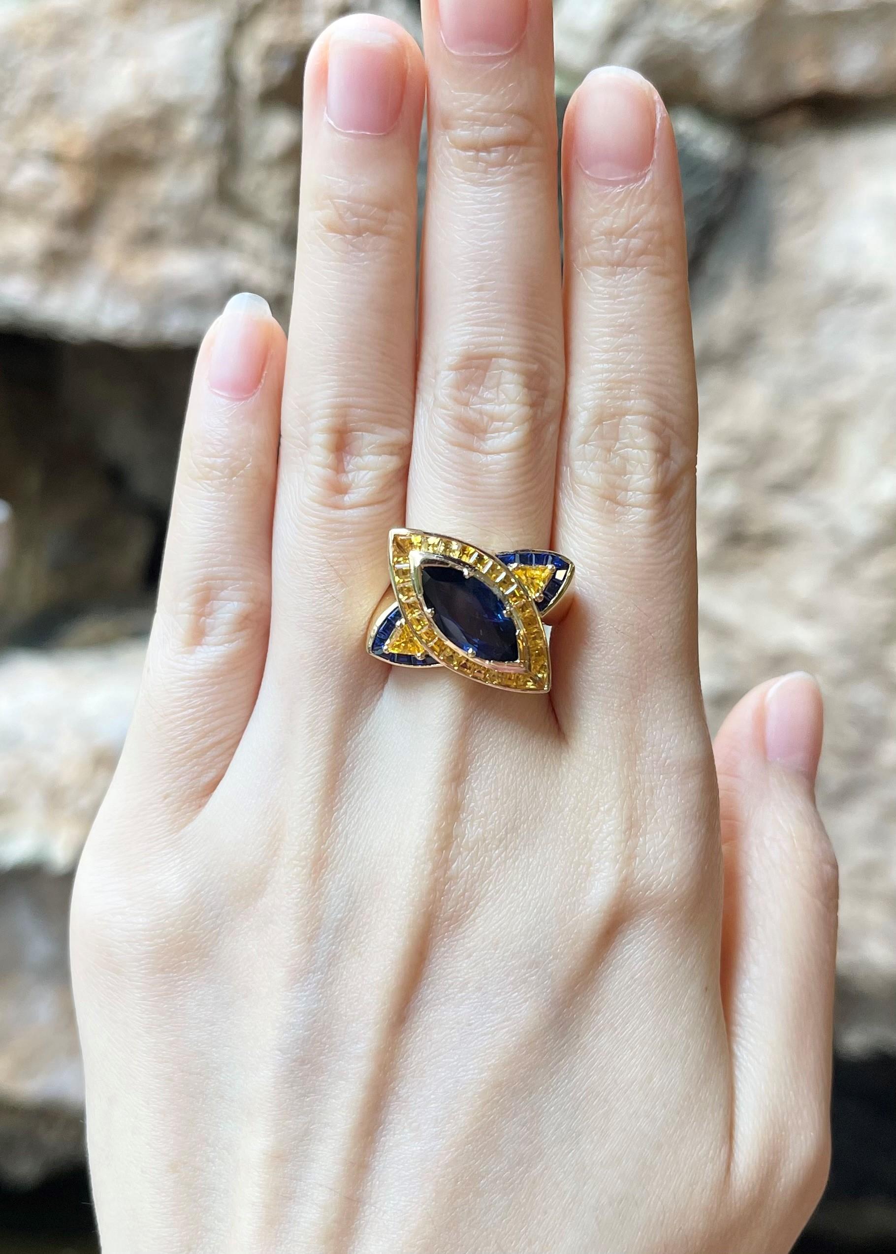 Ring mit blauem Saphir und gelbem Saphir in 18 Karat Goldfassung (Gemischter Schliff) im Angebot