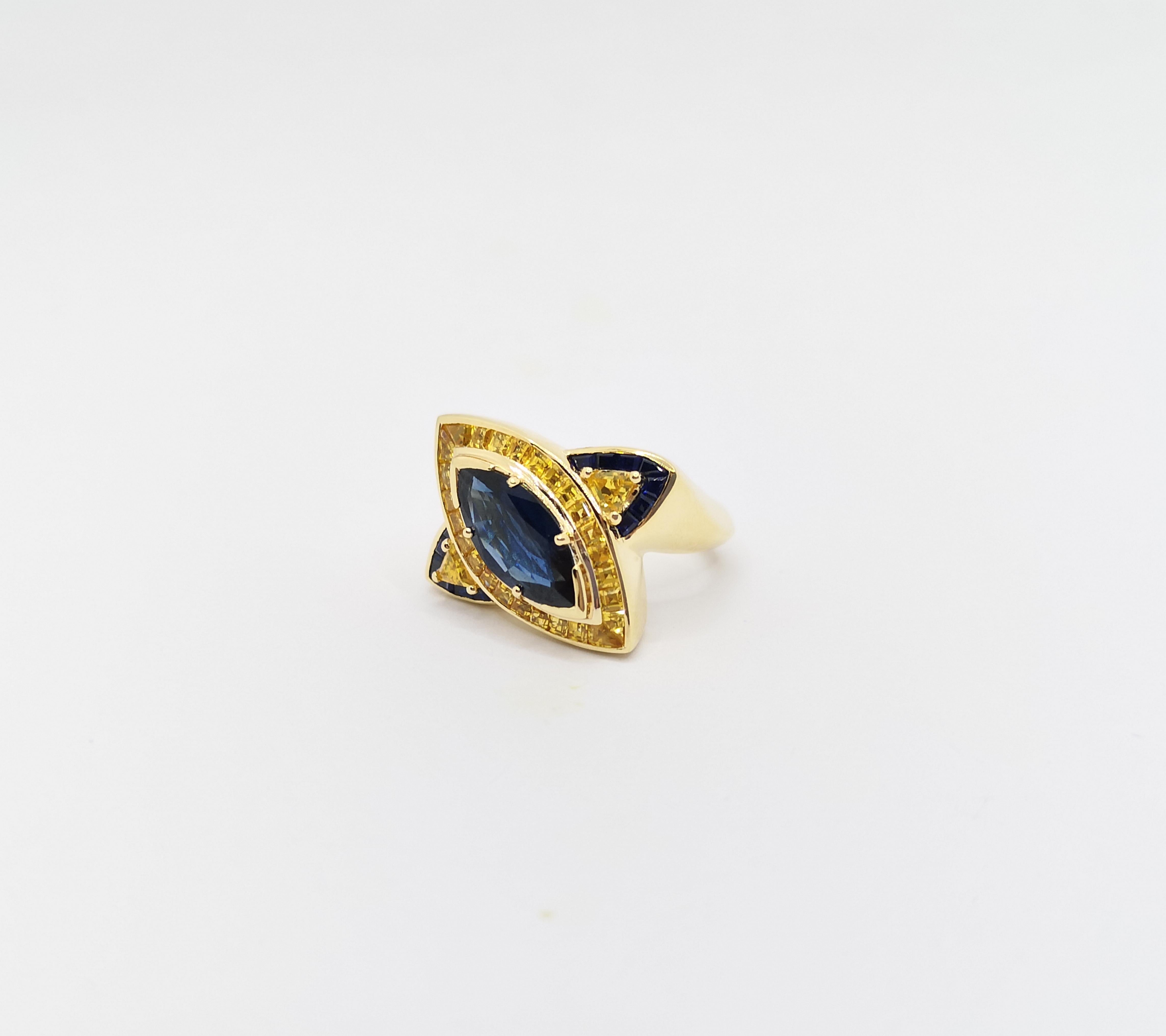 Ring mit blauem Saphir und gelbem Saphir in 18 Karat Goldfassung im Angebot 2