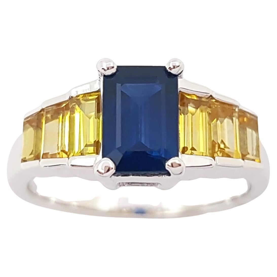 Blue Sapphire and Yellow Sapphire Ring set in 18K White Gold Settings For Sale
