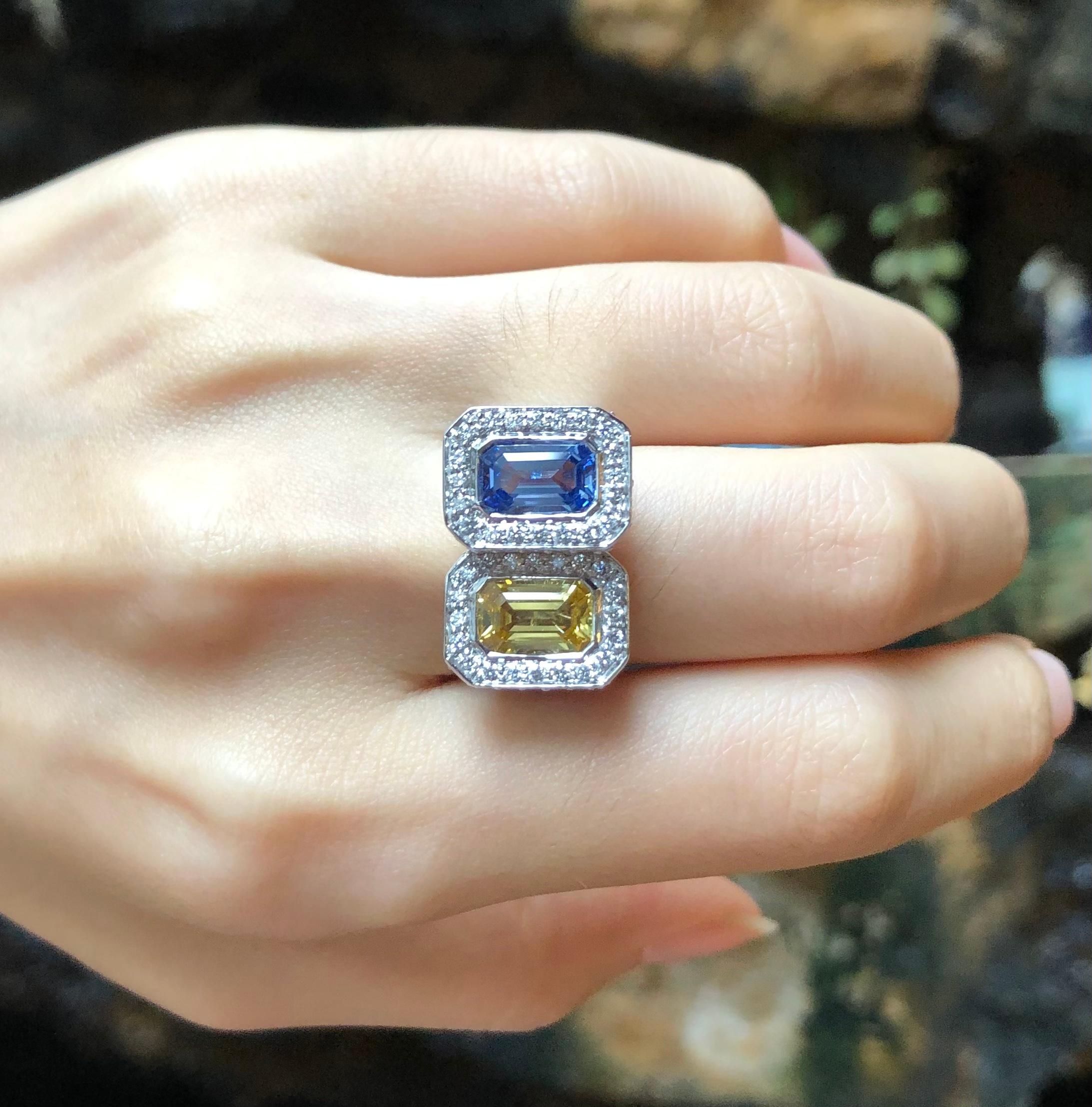 Blue Sapphire 1.89 carats and Yellow Sapphire 1.78 carats with Diamond 0.88 carat Ring set in 18 Karat White Gold Settings

Width:  2.2 cm 
Length:  1.3 cm
Ring Size: 51
Total Weight: 16.2 grams

