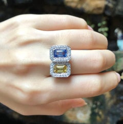 Blue Sapphire and Yellow Sapphire with Diamond Ring Set in 18 Karat White Gold