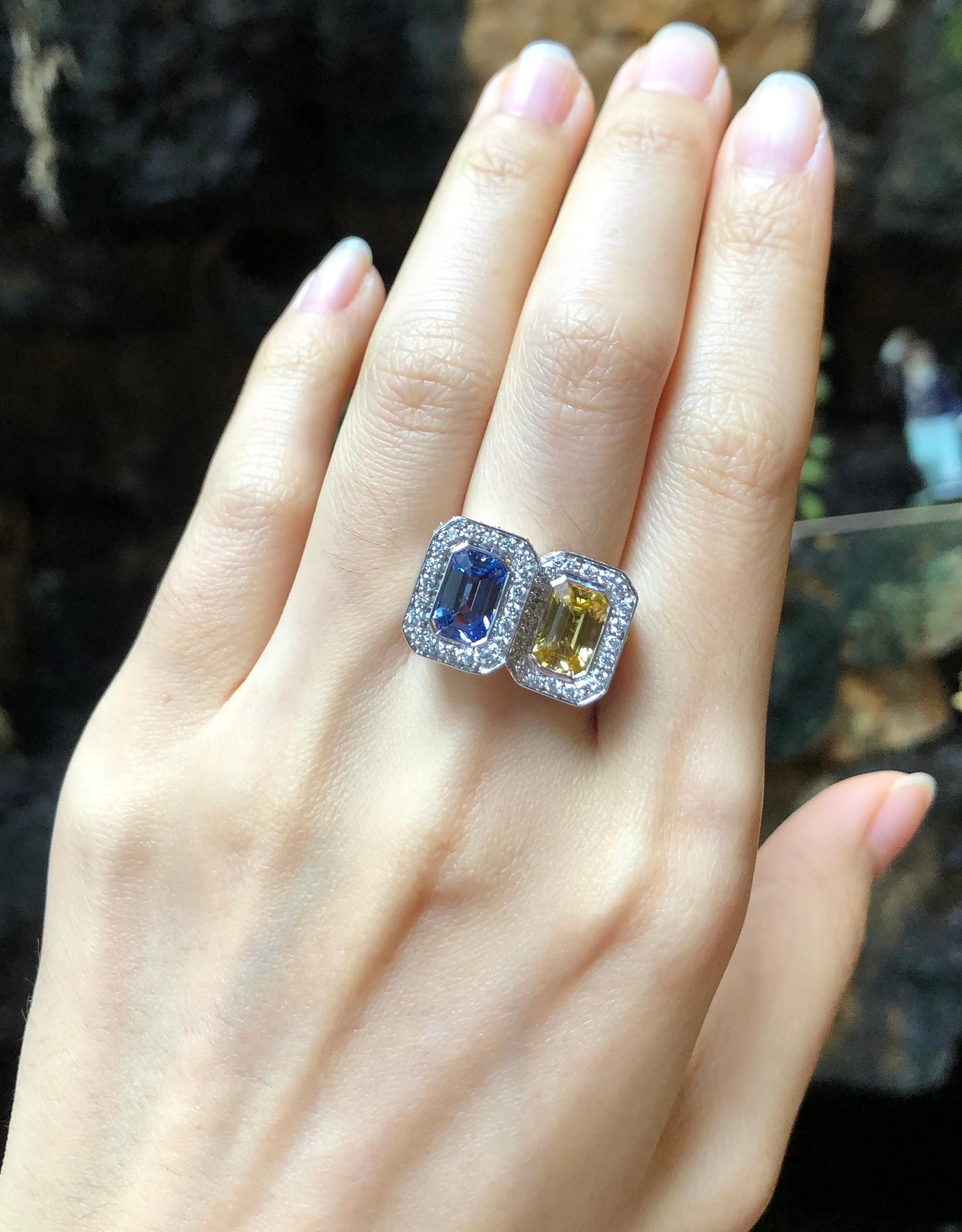 Mixed Cut Blue Sapphire and Yellow Sapphire with Diamond Ring Set in 18 Karat White Gold  For Sale