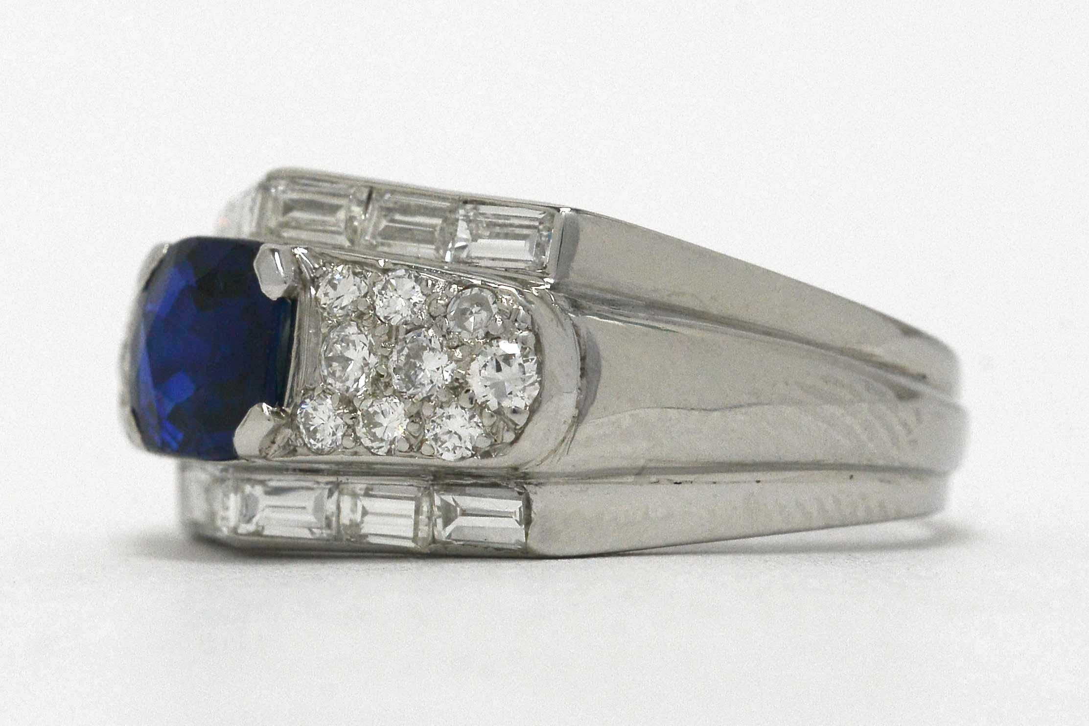 Blue Sapphire Antique Cushion Platinum Diamond Cluster Art Deco Engagement Ring In Good Condition In Santa Barbara, CA