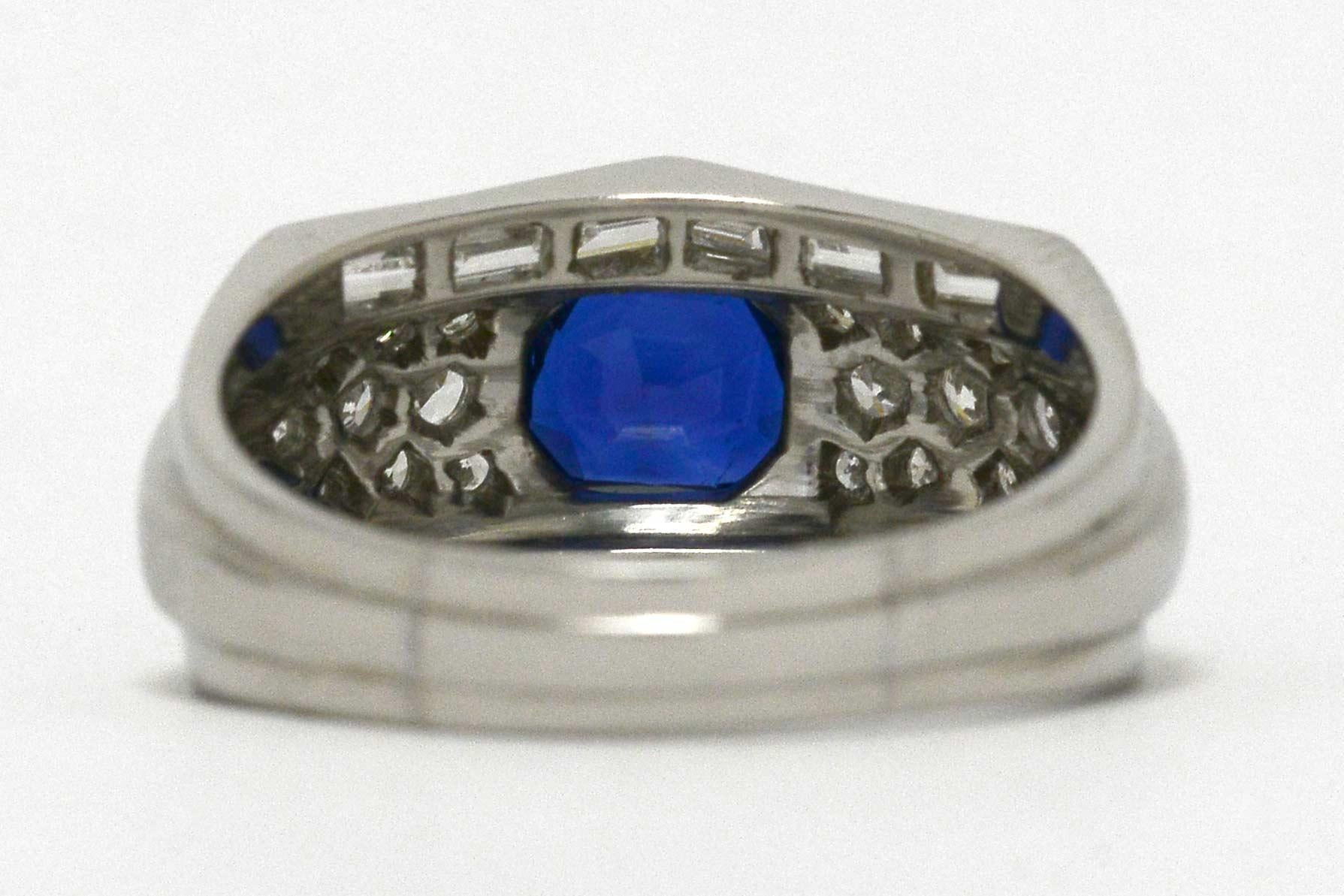 Women's or Men's Blue Sapphire Antique Cushion Platinum Diamond Cluster Art Deco Engagement Ring