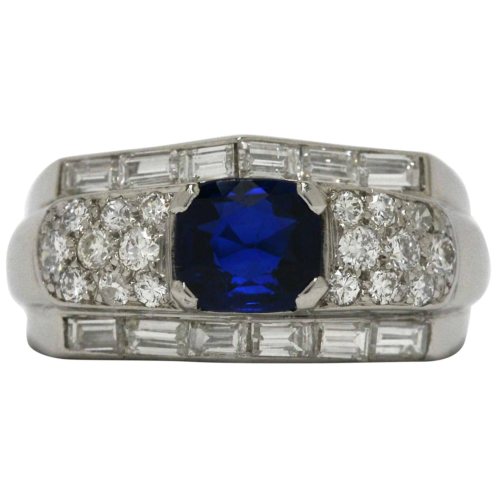 Blue Sapphire Antique Cushion Platinum Diamond Cluster Art Deco Engagement Ring