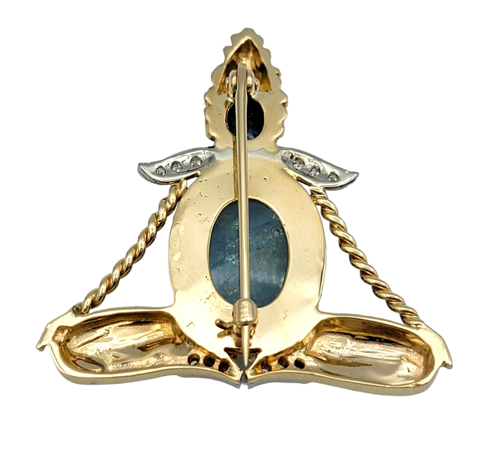 Women's or Men's Blue Sapphire, Aquamarine and Diamond Yogi Brooch Set in 14 Karat Yellow Gold For Sale