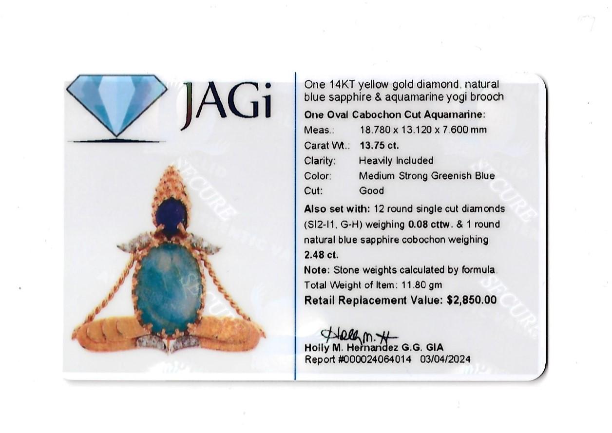 Blue Sapphire, Aquamarine and Diamond Yogi Brooch Set in 14 Karat Yellow Gold For Sale 2