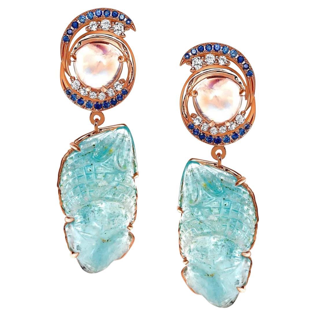 Blue Sapphire, Aquamarine and Rainbow Moonstone earrings. 