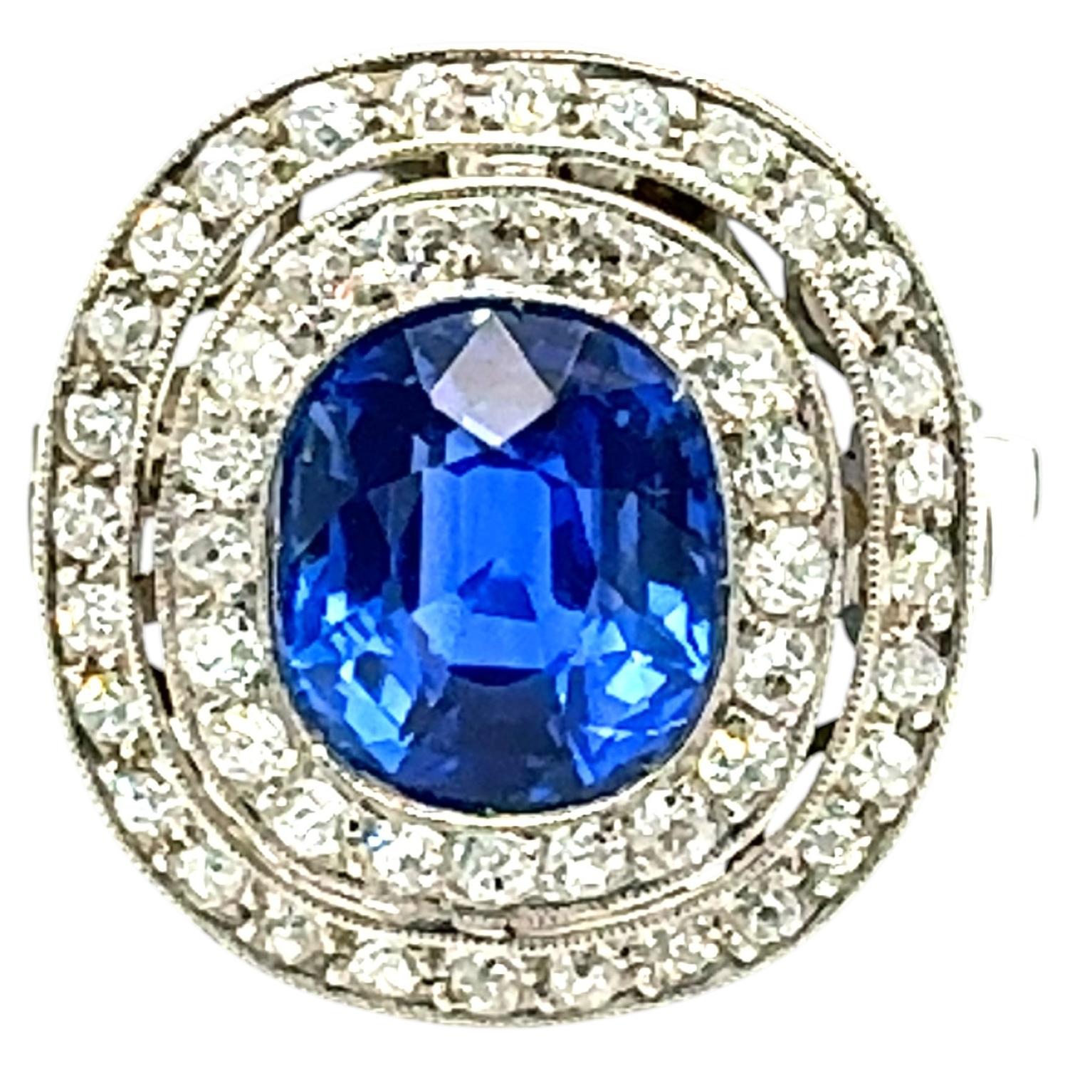 Zafiro Azul Anillo de Diamantes Art Decó AGL Certificado 3,35 Quilates Sin Calor en venta