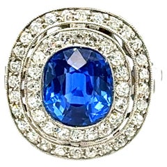 Blue Sapphire Art Deco Diamond Ring AGL Certified 3.35 Carat No-Heat