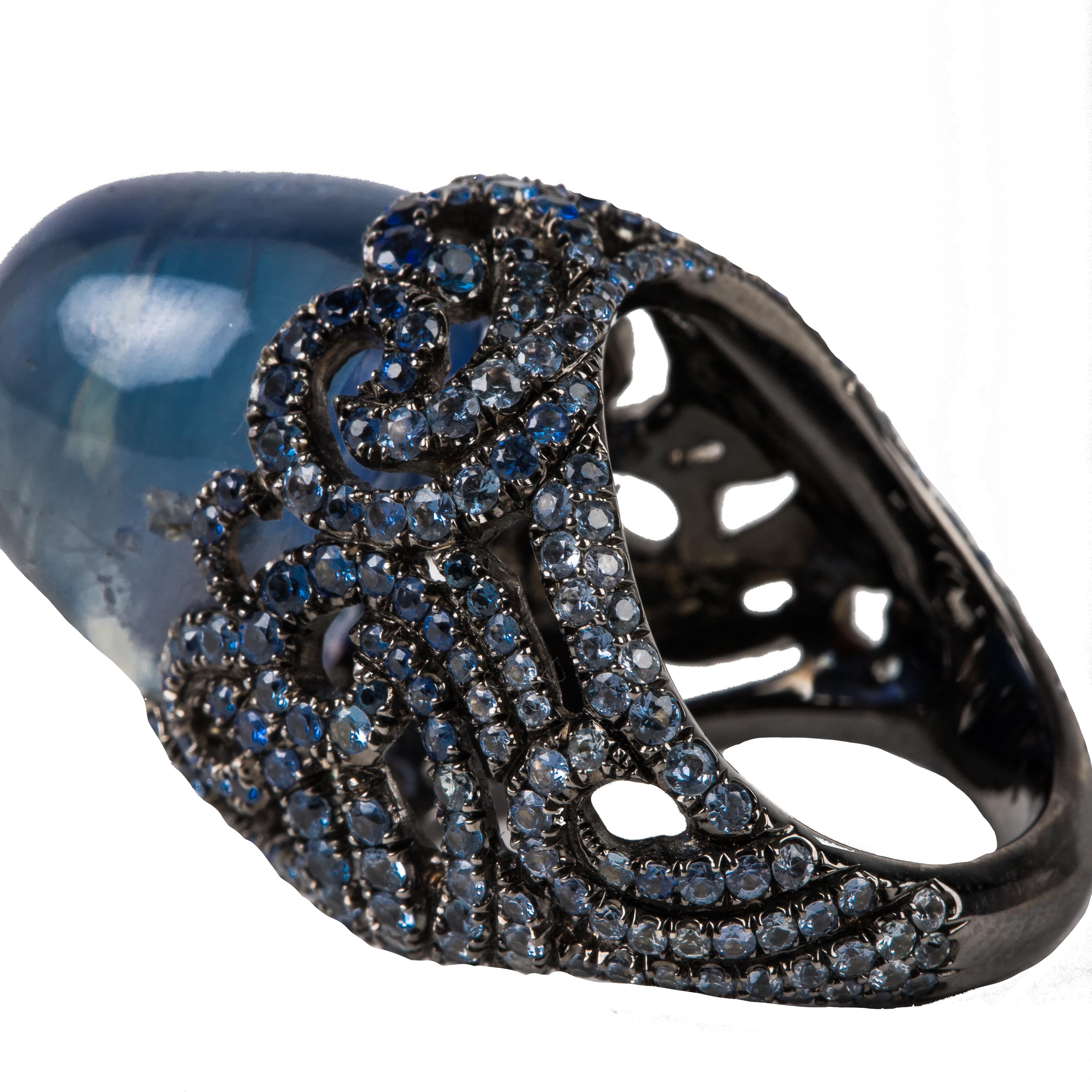 Cabochon Blue Sapphire Art Deco Style Ring