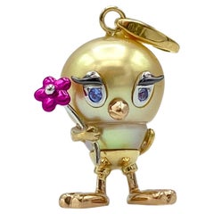 Blue Sapphire Australian Pearl 18Kt Gold Charm or Pendant Necklace Bird