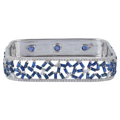 Blue Sapphire Baguette Cuff with Pave Diamonds Set Made in 18k Gold